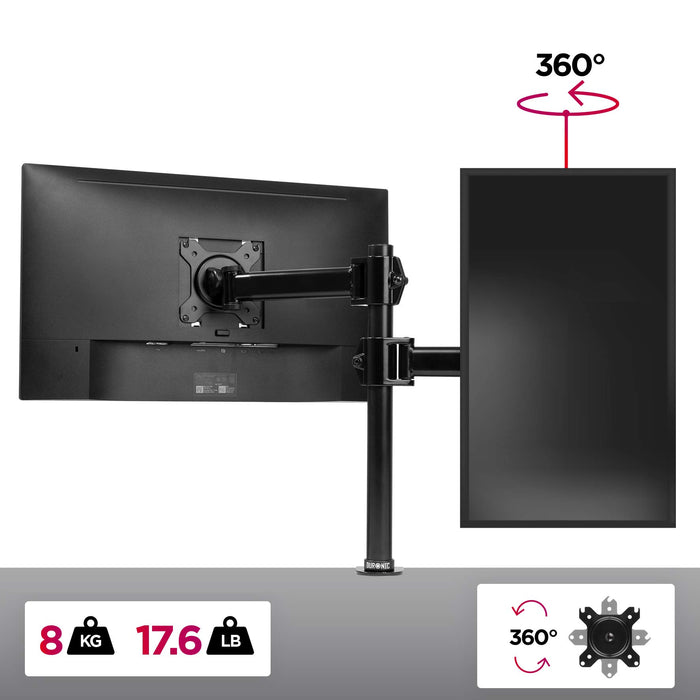 Duronic Single Monitor Arm Stand DM251X2 | PC Desk Mount | Steel | Height Adjustable | For One 13-27 Inch LED LCD Screen | VESA 75/100 | 8kg Capacity | Tilt -90°/+35°, Swivel 180°, Rotate 360°