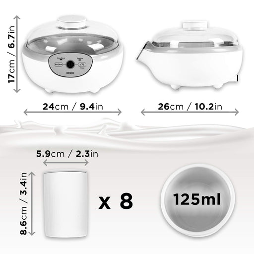 Duronic Yoghurt Makers YM2 Electric Yogurt Maker with Eight 125ml Ceramic Pots Digital Yogurt Making Machine for Homemade Natural Greek Yoghurt 20W Cheese Maker for Healthy Breakfast Protein Snack
