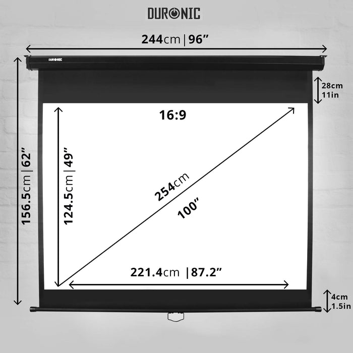 Duronic 100" Projector Screen MPS100 /169 BK, BLACK Pull-Down Projector Screen, Screen Size: 221x124cm / 87x49”, 16:9 Ratio, Matt White +1 Gain, HD High Definition Widescreen, Home Cinema