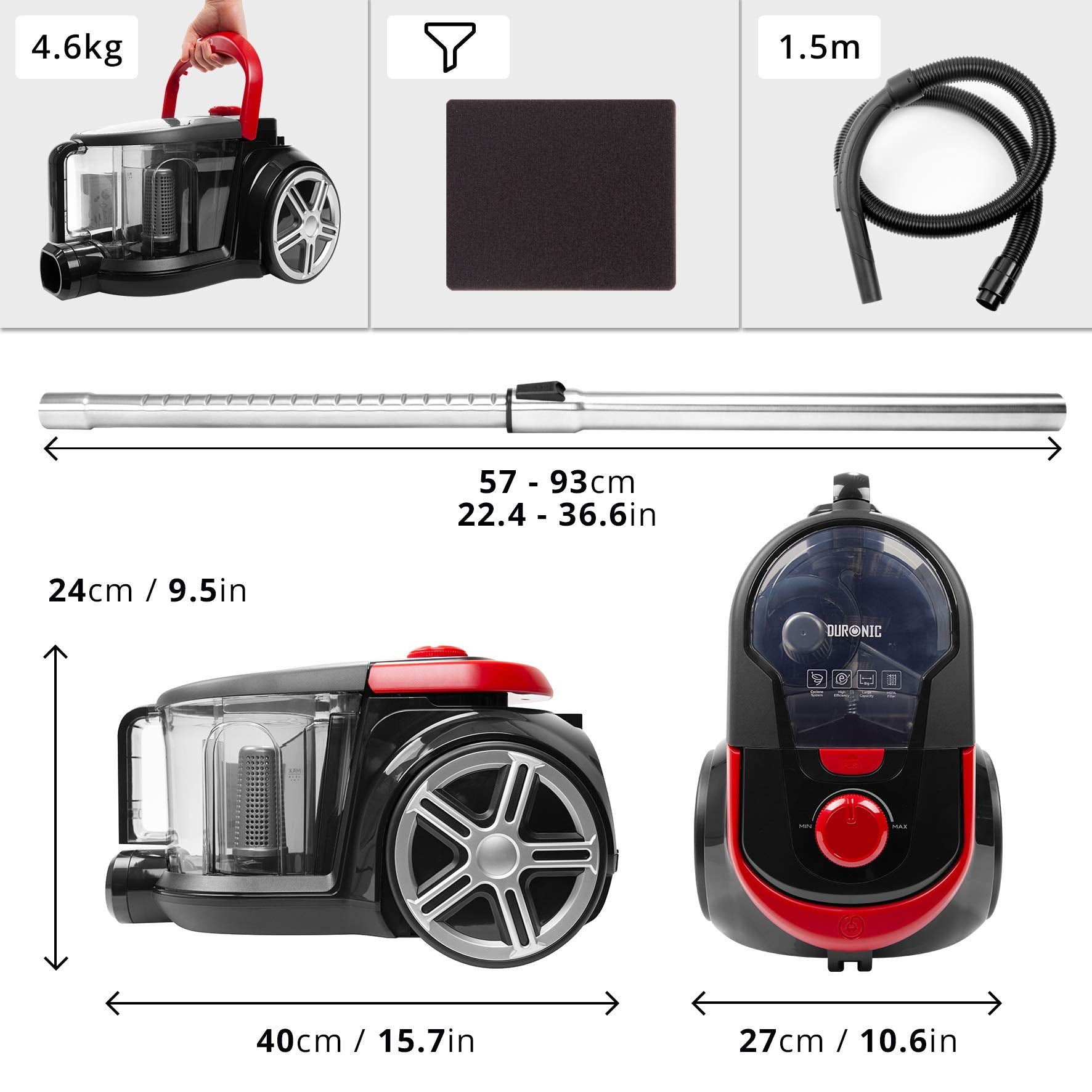 Duronic Bagless Vacuum Cleaners VC7020 Lightweight 800W Cylinder Vacuums with HEPA Filter 2.5L Carpet Cleaner with Crevice Tool, Floor & Turbo Brush Cleaners for Carpet Hard Floor Pet Hair Allergies