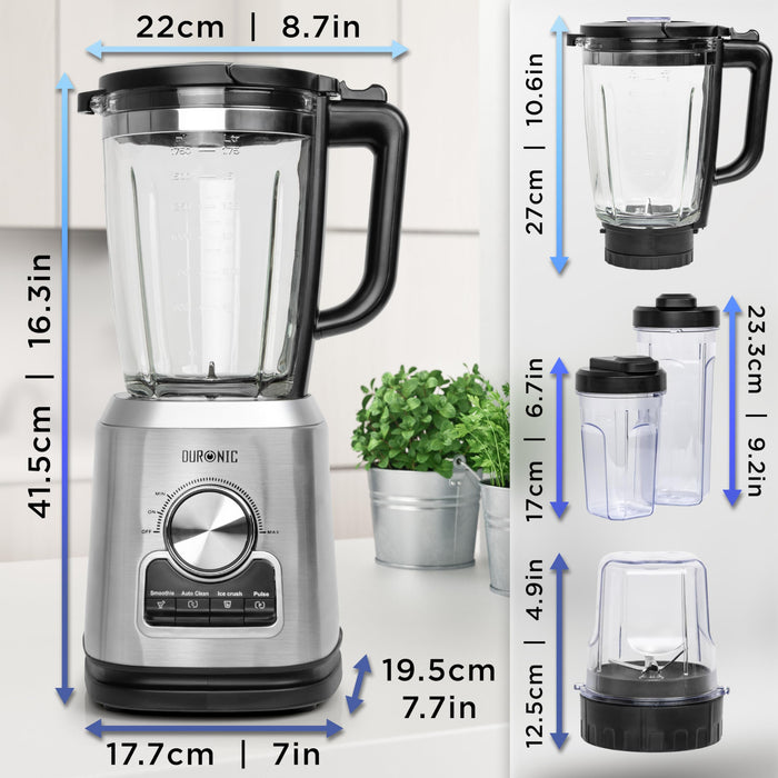 Duronic Jug Blender BL114 with Grinder 1.75L Glass Table Jug, 1400W Stainless Steel Mini Blender with 6 sided Blades, with Pre-Set Functions, Ideal for Baby food, Soups and Protein Shakes