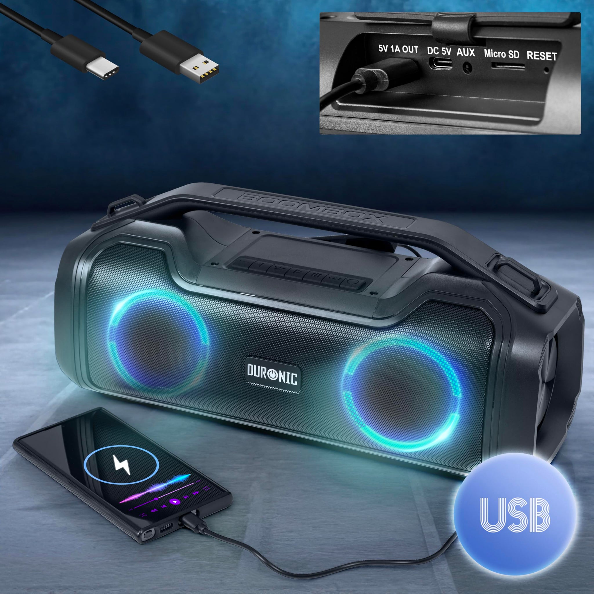 Duronic Portable Boombox BX48, Wireless Bluetooth Speaker with RGB, IPX Waterproof Loudspeaker for Party, Outdoor, Travel, Home Subwoofer with USB Plug in AUX Loud Speakers