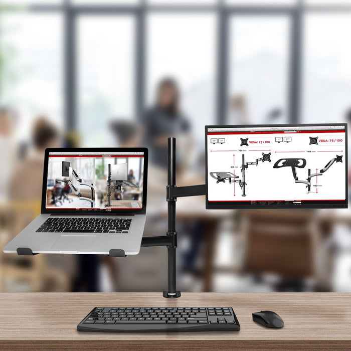 Duronic Desk Mount DM25L1X1 | Single Monitor Stand for 13”-27” LCD/LED PC/TV Screen and Laptop | Dual Arms | Adjustable Support | VESA 75/100 Bracket (Tilt: -90°/+35° | Swivel: 180° | Rotate: 360°)