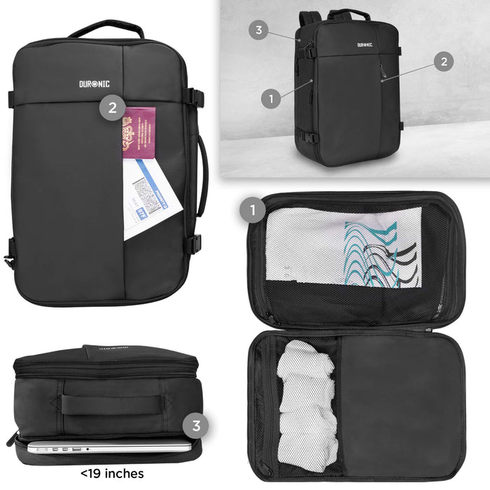 Duronic Laptop Backpack LB26 Cabin Bag Max Cabin Size Case Water Resistant Rucksack Internal Padded Laptop MacBook Sleeve Business Work Rucksack Bag