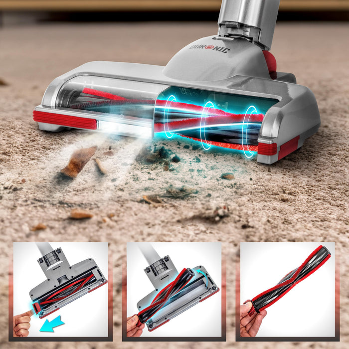 Duronic Cordless Vacuum VC28, 220W Power with Adjustable Suction, HEPA Filter, Cleaning Accessories and Two Rechargeable Lithium Batteries, Lightweight Cleaner for Carpet or Hard Floors
