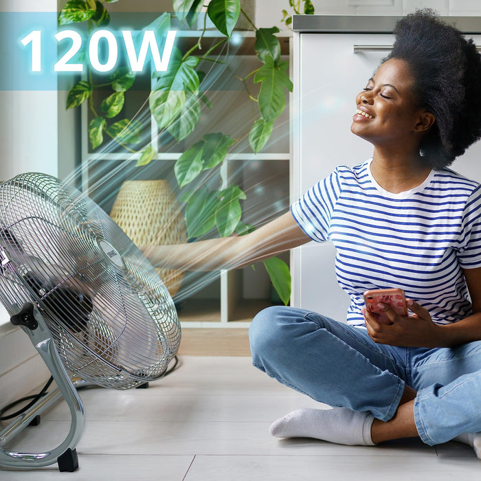 Duronic Floor Fan FN20 Silver Metal Standing 120W Motor Air Cooler with 4 Speeds and 5 Chrome Blades Ideal for Home, Gym, Office