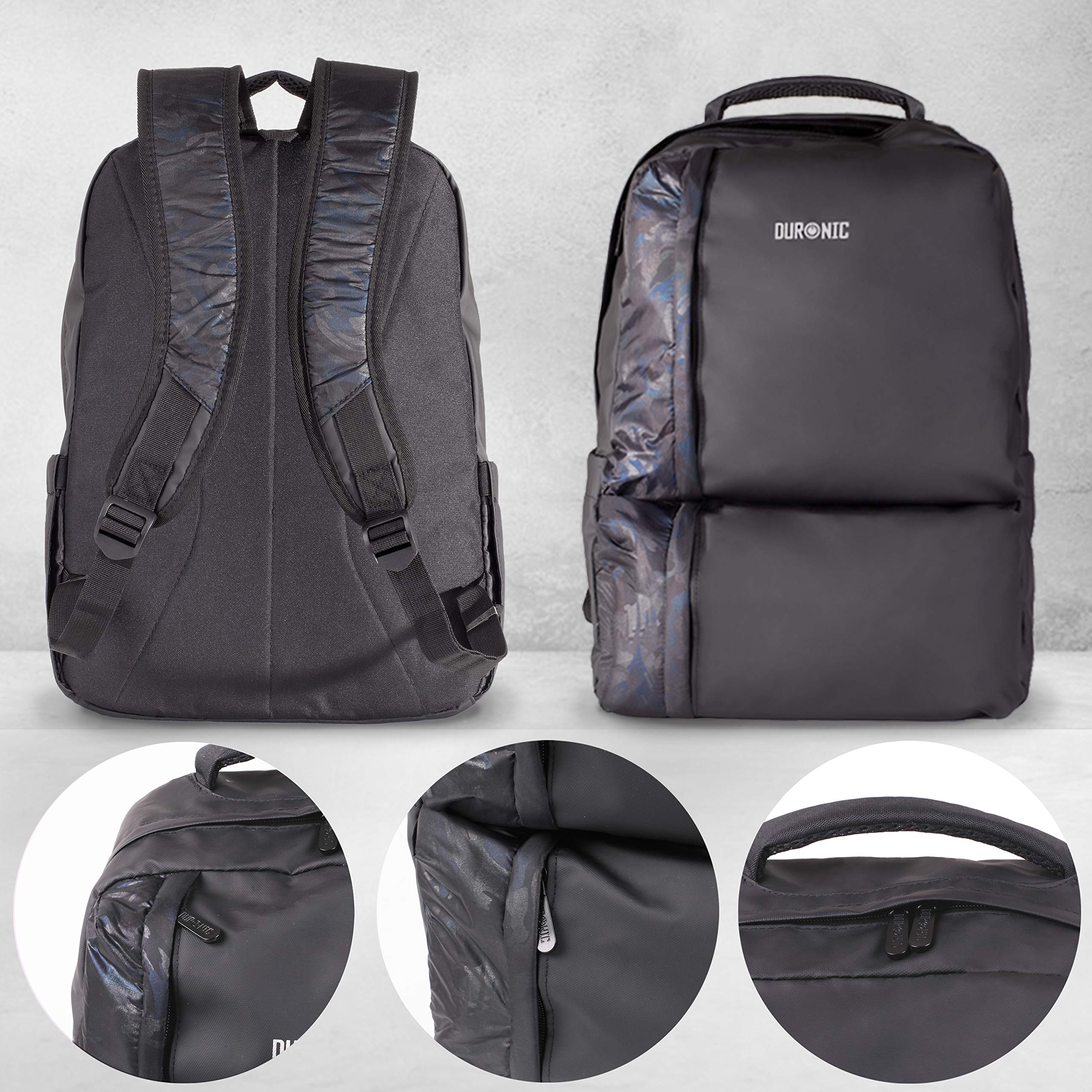 Duronic Laptop Backpack with camo accents and zipper details.