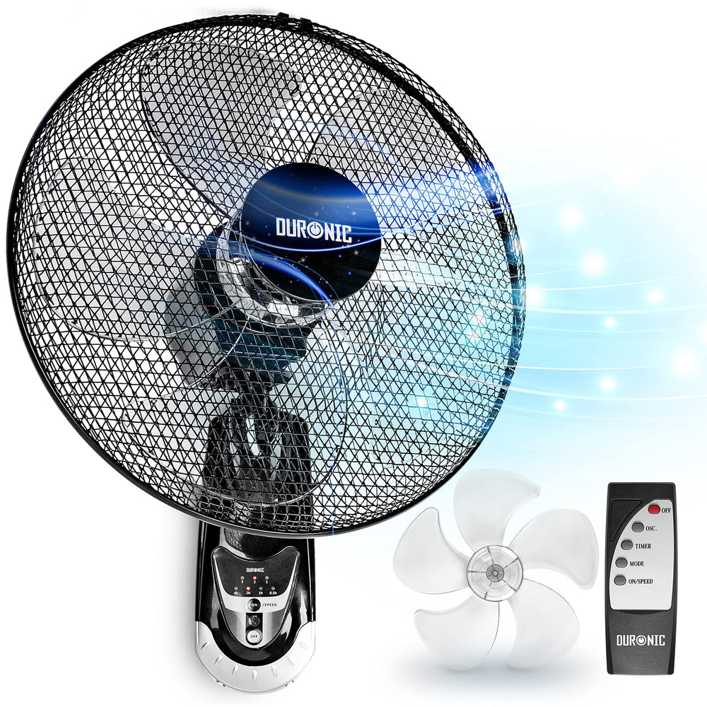 Duronic Wall Fan FN55 Wall Mounted Fans with Remote Control, 16 Inch  3 Speeds, Timer, Black Fan Oscillating Head with 5 Blades for Ultimate Air Cooling For Home, Office