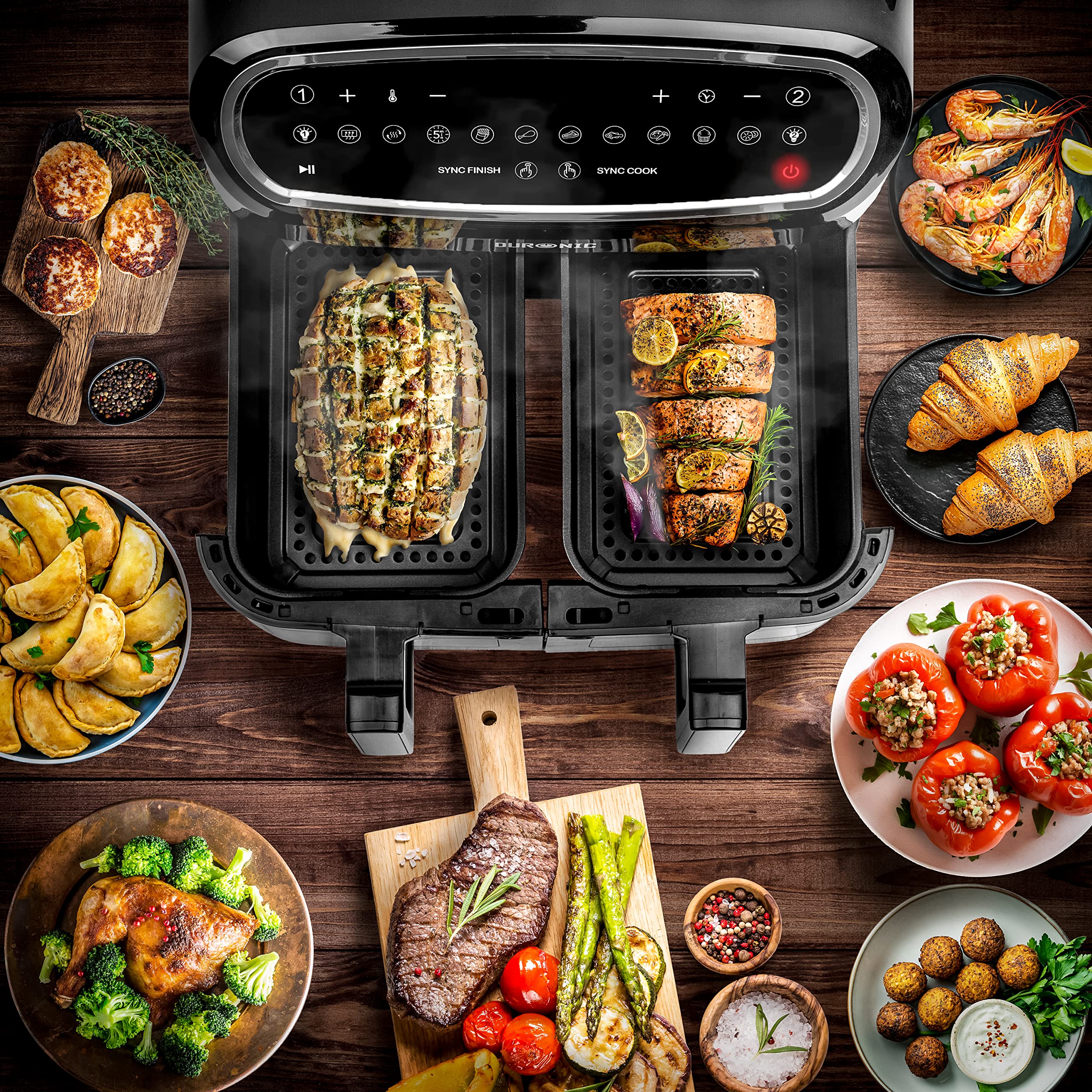 Duronic AF24 BK dual air fryer cooking salmon meat potatoes shrimp vegetables
