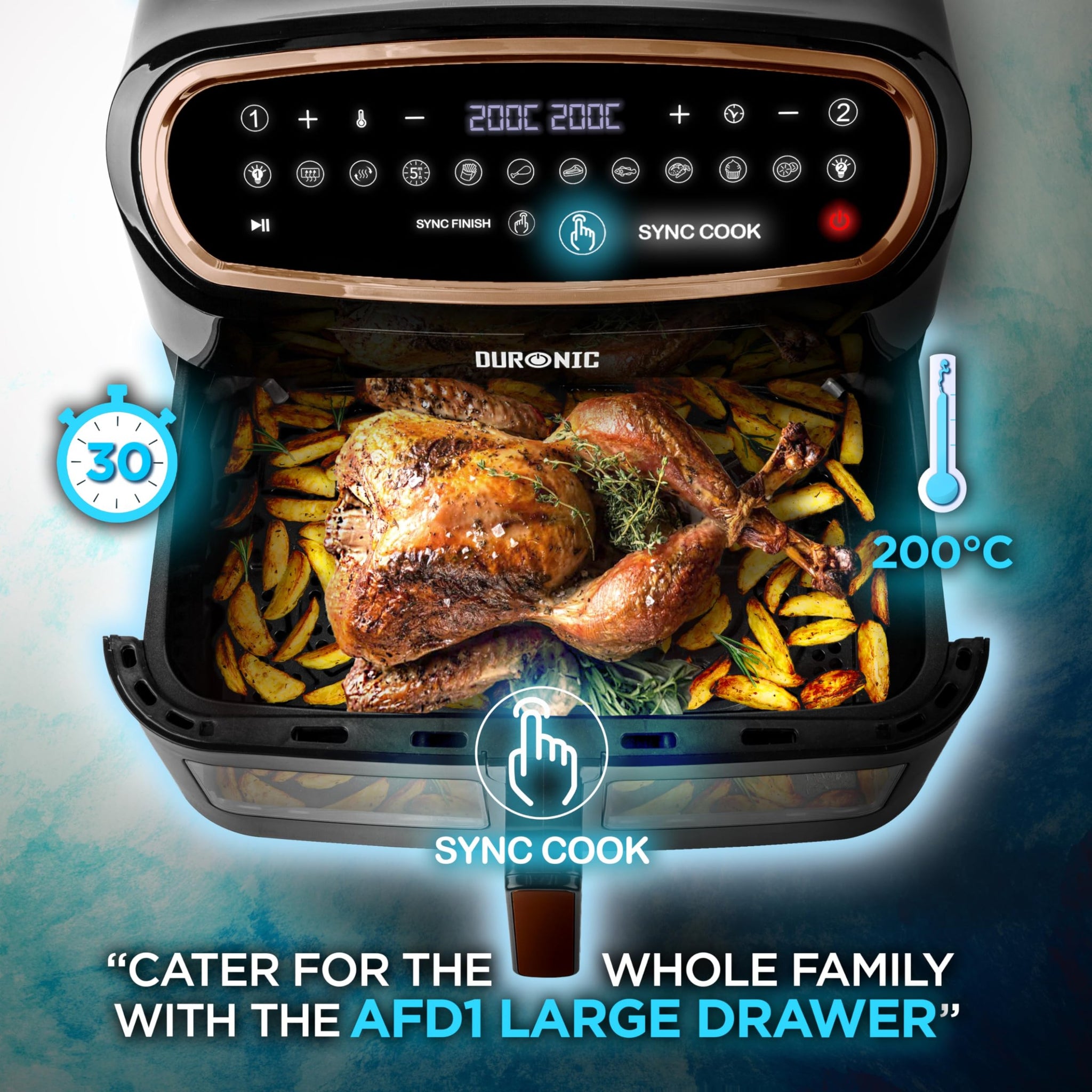 Duronic AF34 BG digital air fryer with Sync Cook cooking dinner roast chicken potato wedges