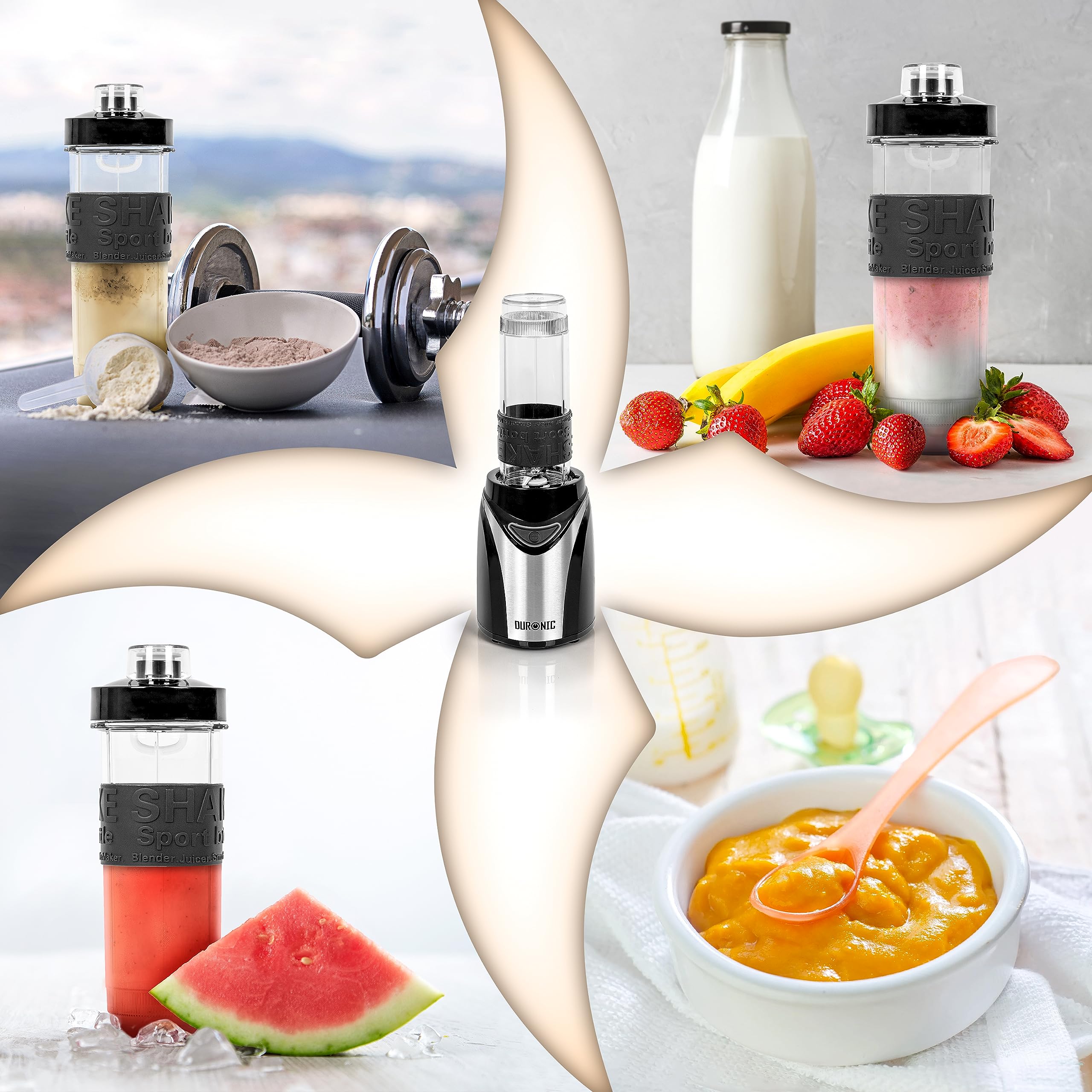 Duronic BL530 mini blender showing multiple things to blend like protein shakes, baby food, milkshakes, smoothies, juice