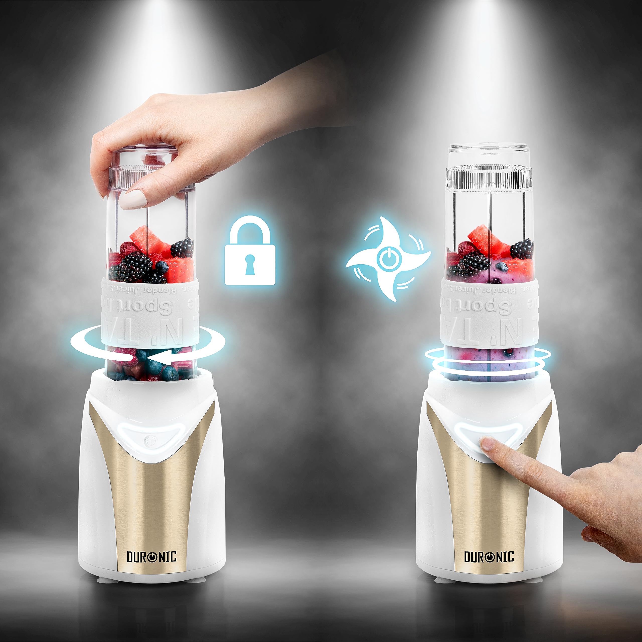 Duronic BL540 personal blender with locking mechanism and push button to blend juices, smoothies, milkshakes