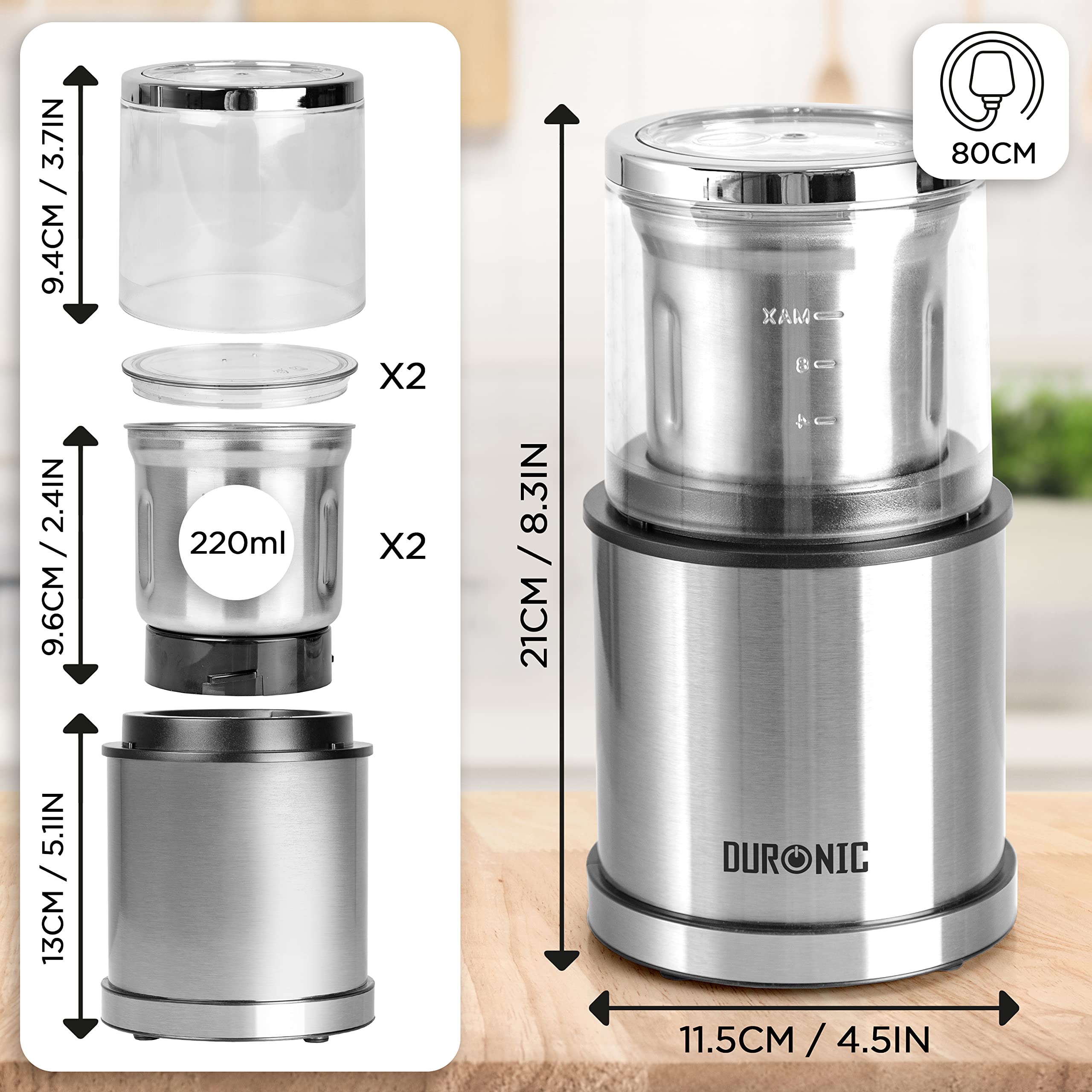 Duronic CG421 stainless steel coffee grinder spice grinder for herbs beans nuts spices dimensions and UK plug cable