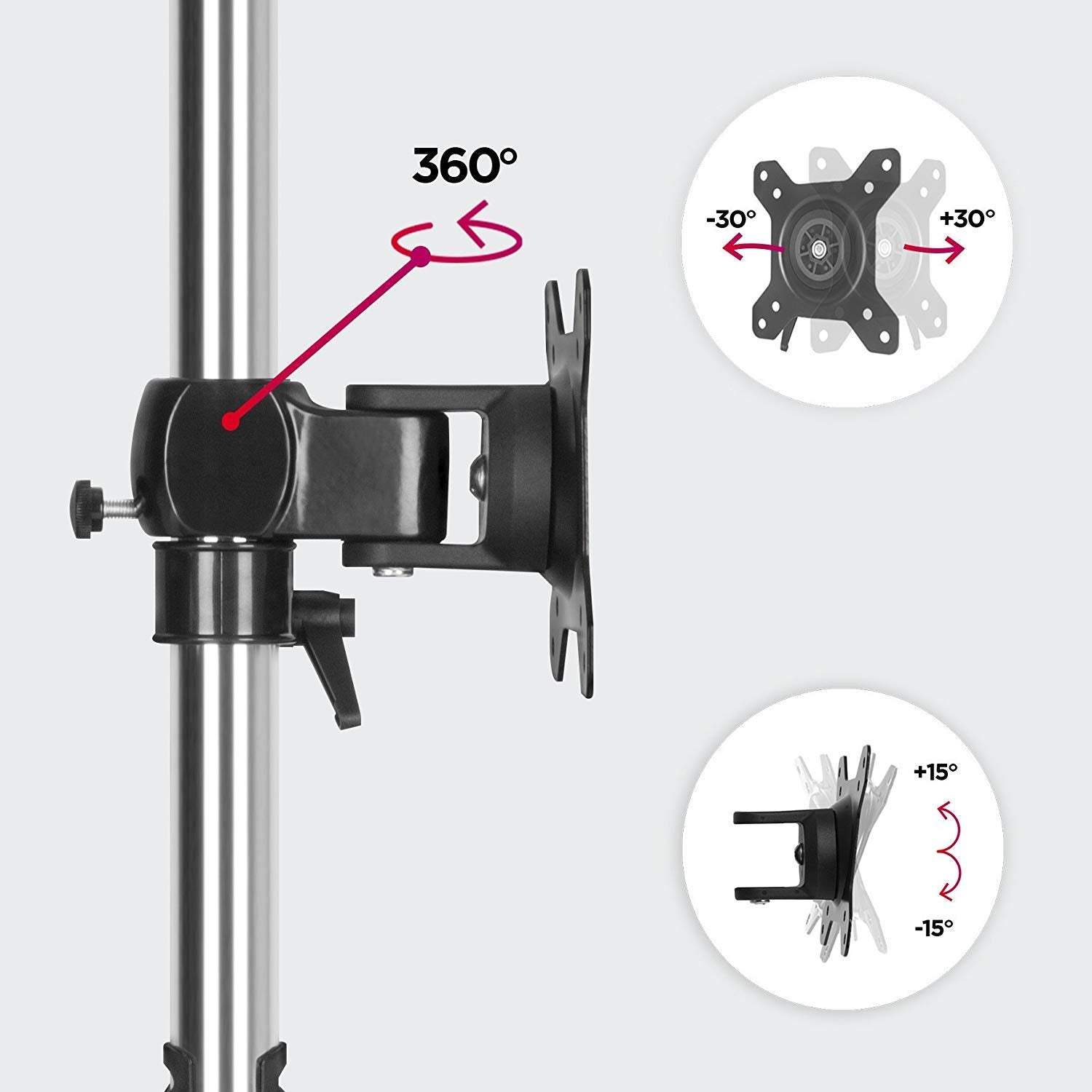 Duronic Computer Monitor Arms Stand demonstrating 360-degree rotation, 30-degree swivel, and 15-degree tilt features.