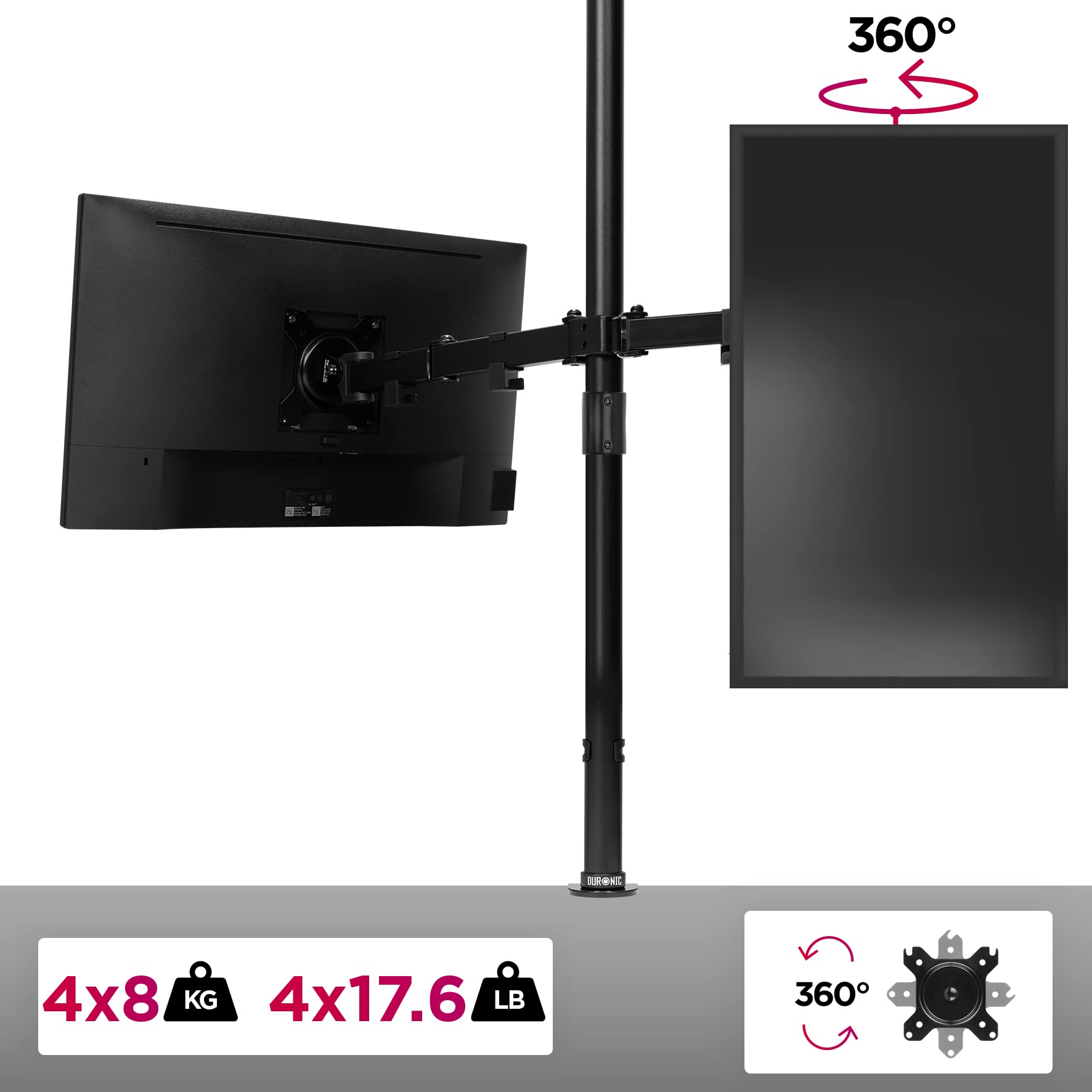 Duronic Computer Monitor Arms with adjustable arms, 360-degree rotation, and 8kg weight capacity per screen.