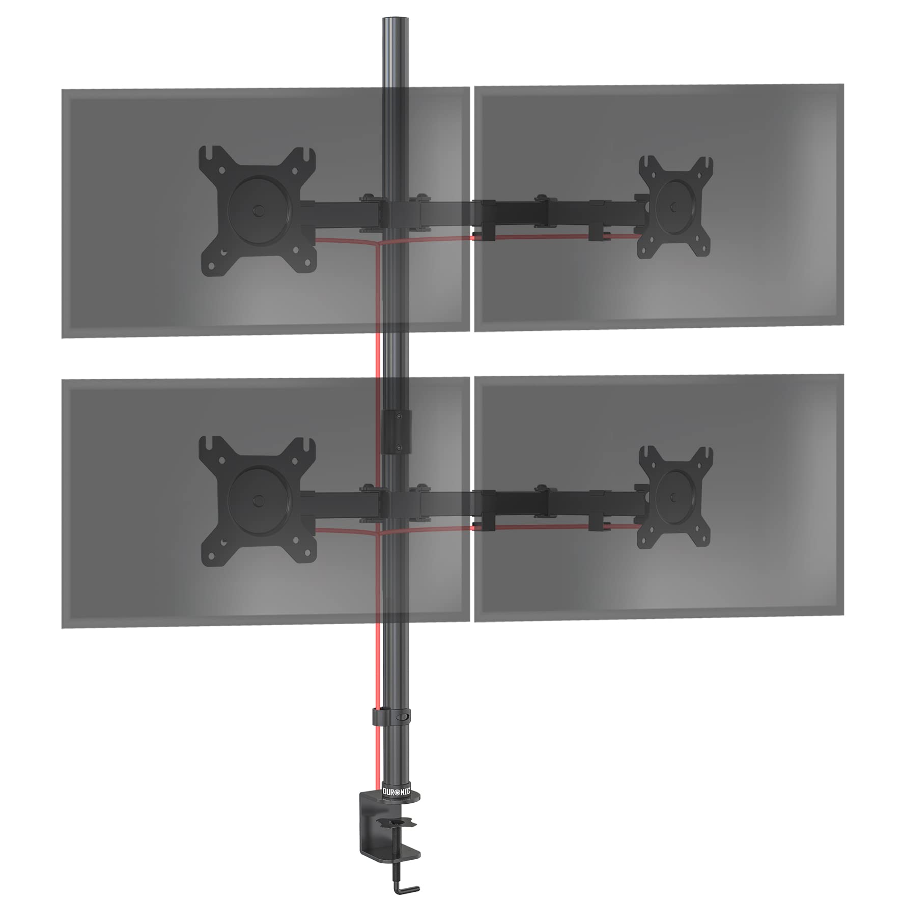 Duronic Computer Monitor Arms with adjustable arms, vertical pole, and C-clamp base for ergonomic workspace setup.