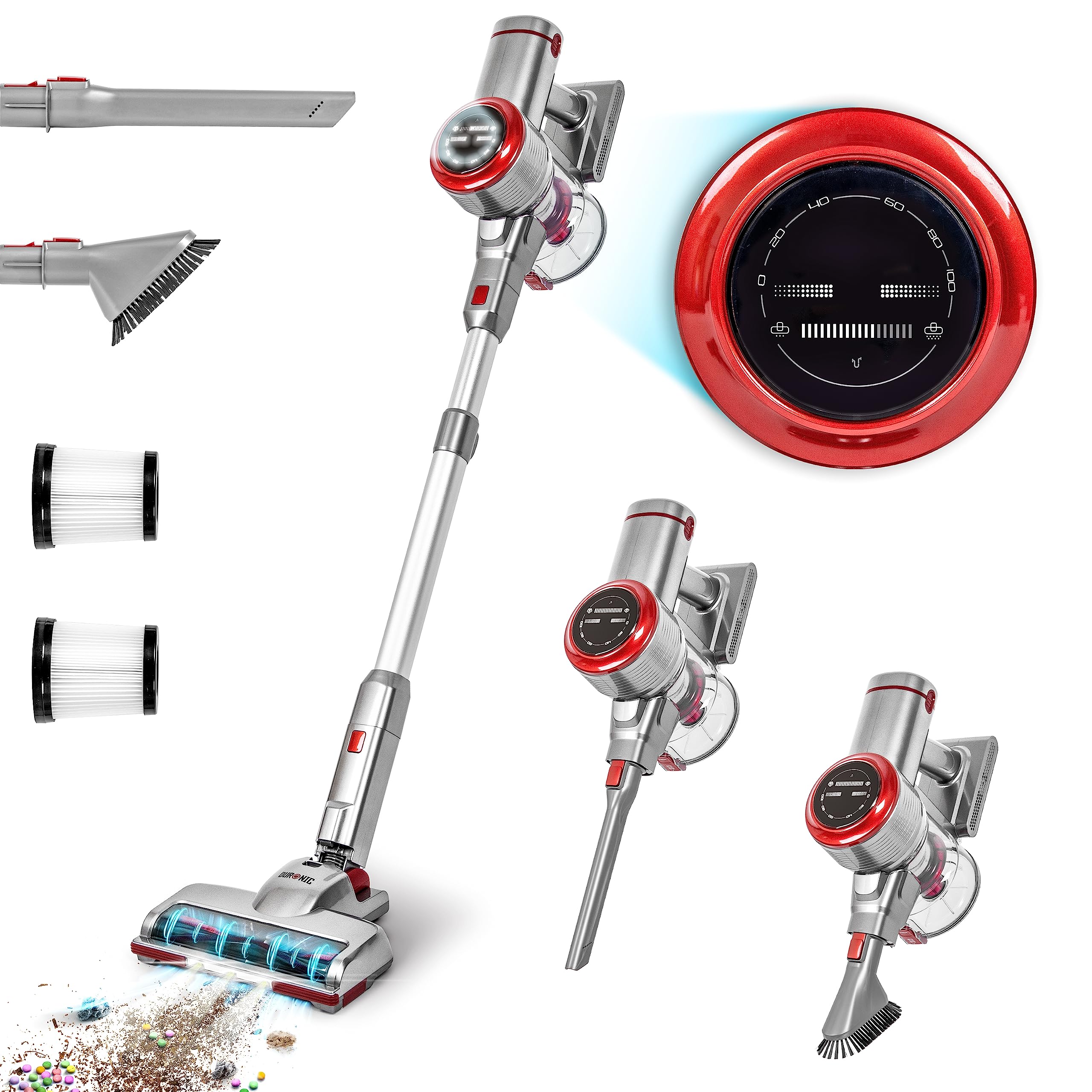 Duronic Cordless Vacuum Cleaner shown with its LED display, interchangeable attachments, and HEPA filters for versatile home cleaning.