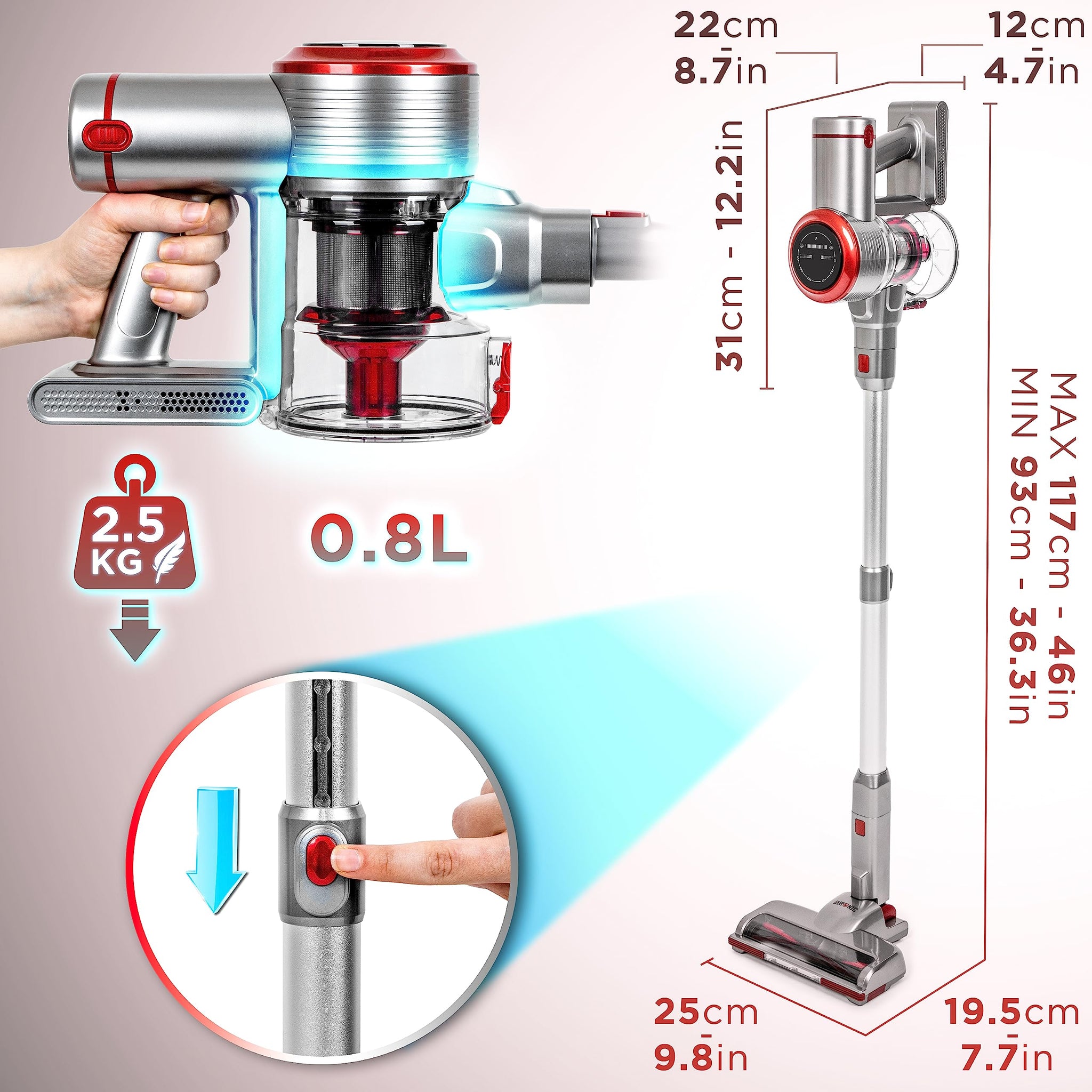 Duronic Cordless Vacuum shown with detailed dimensions, a 2.5kg lightweight design, a 0.8L dustbin capacity, and an adjustable height ranging from 93cm to 117cm.