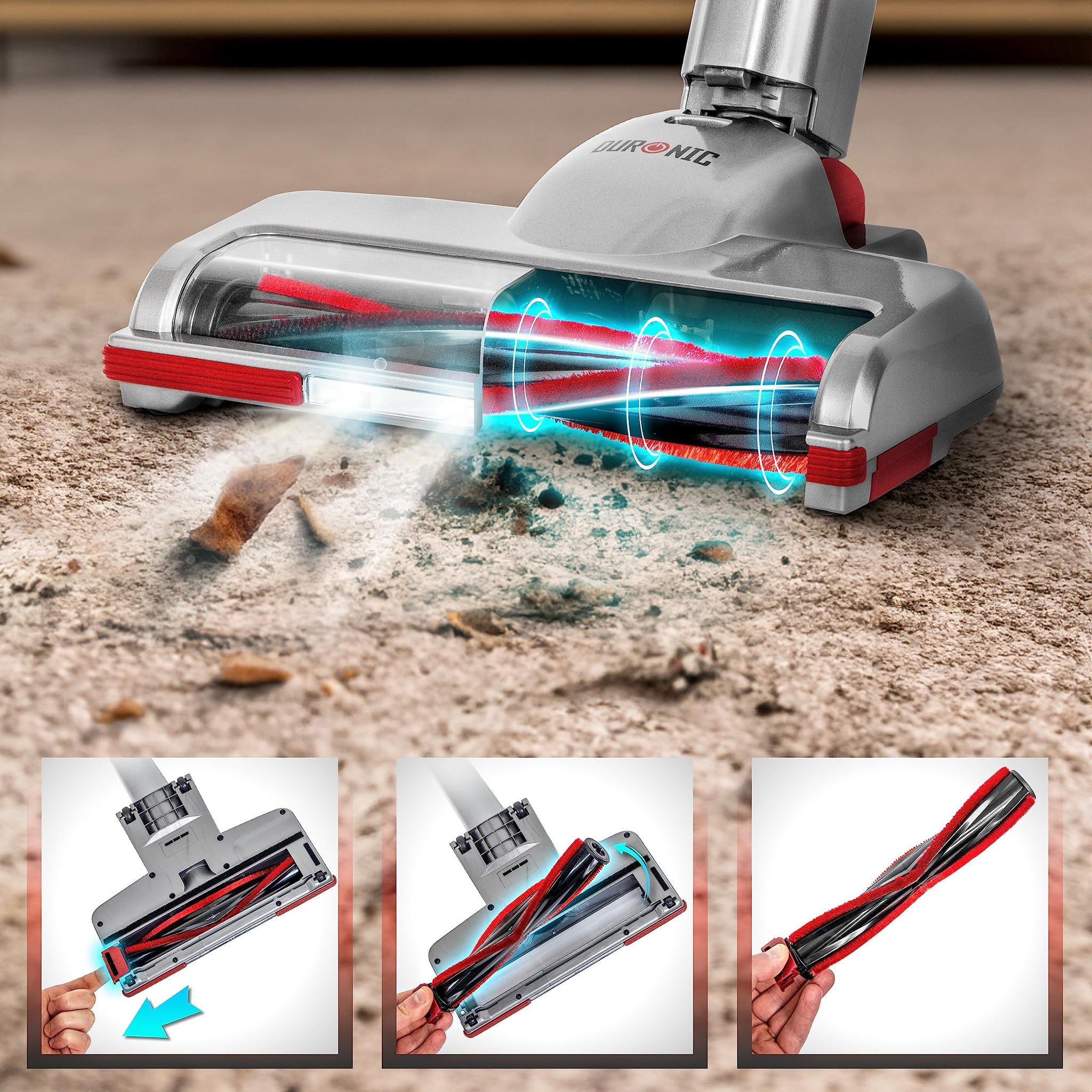 Duronic Cordless Vacuum with LED floor lights and a removable red motorized brush bar, shown in a sequence demonstrating how to eject the roller for easy cleaning.