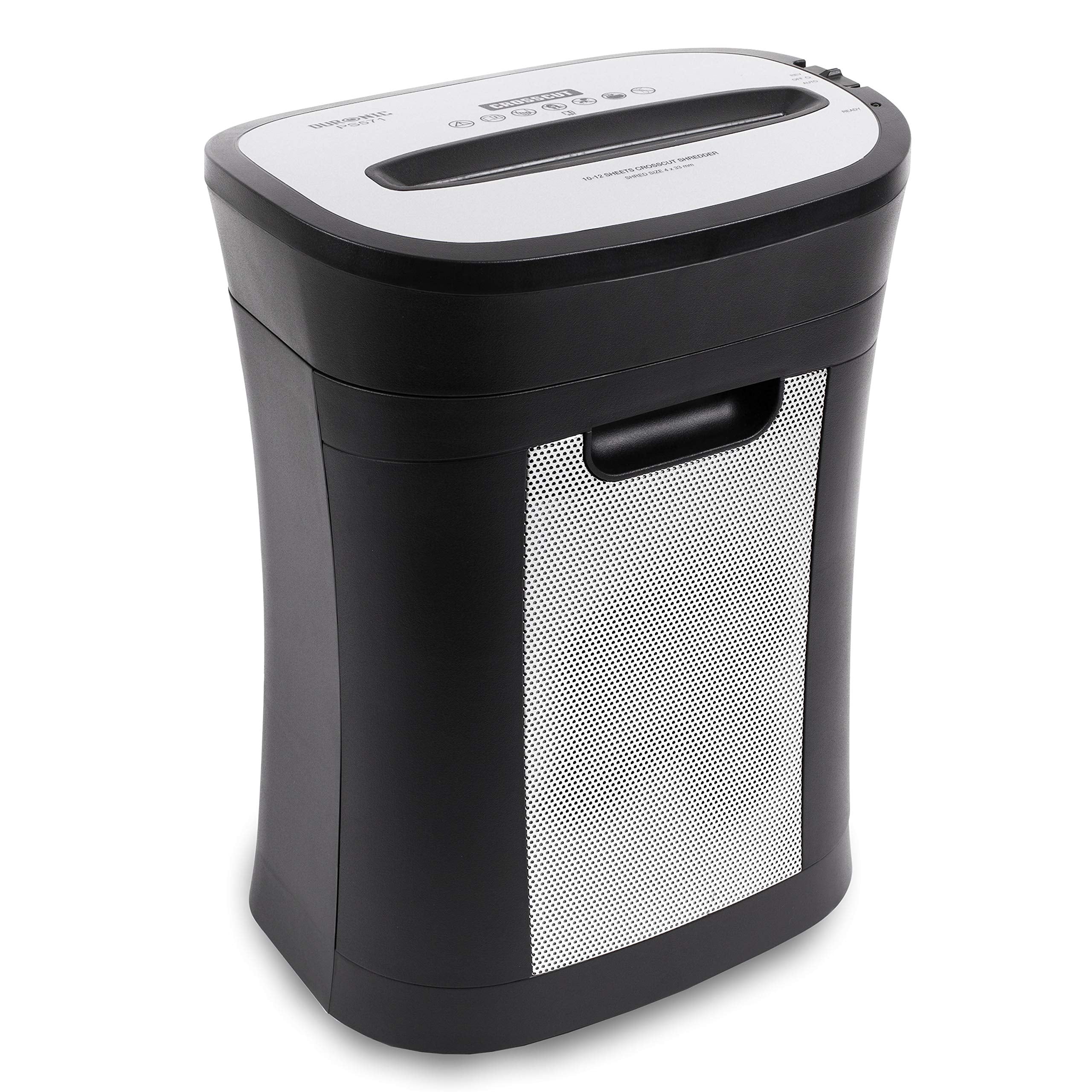 Duronic Cross Cut Paper Shredder with a mesh viewing window for office use.