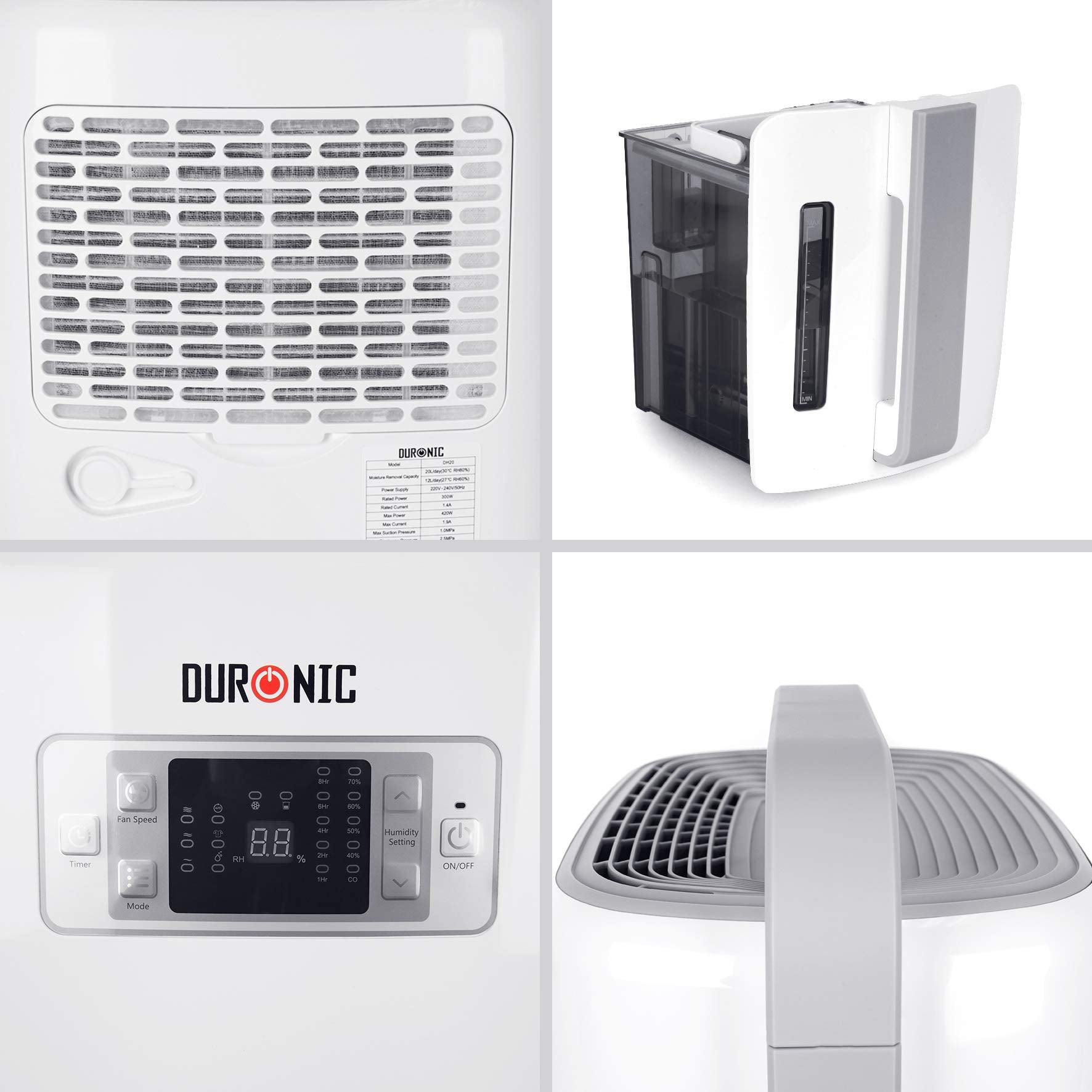 Duronic Dehumidifier highlighting its rear air filter, removable water tank with a transparent window, digital control panel, and sturdy top carry handle.
