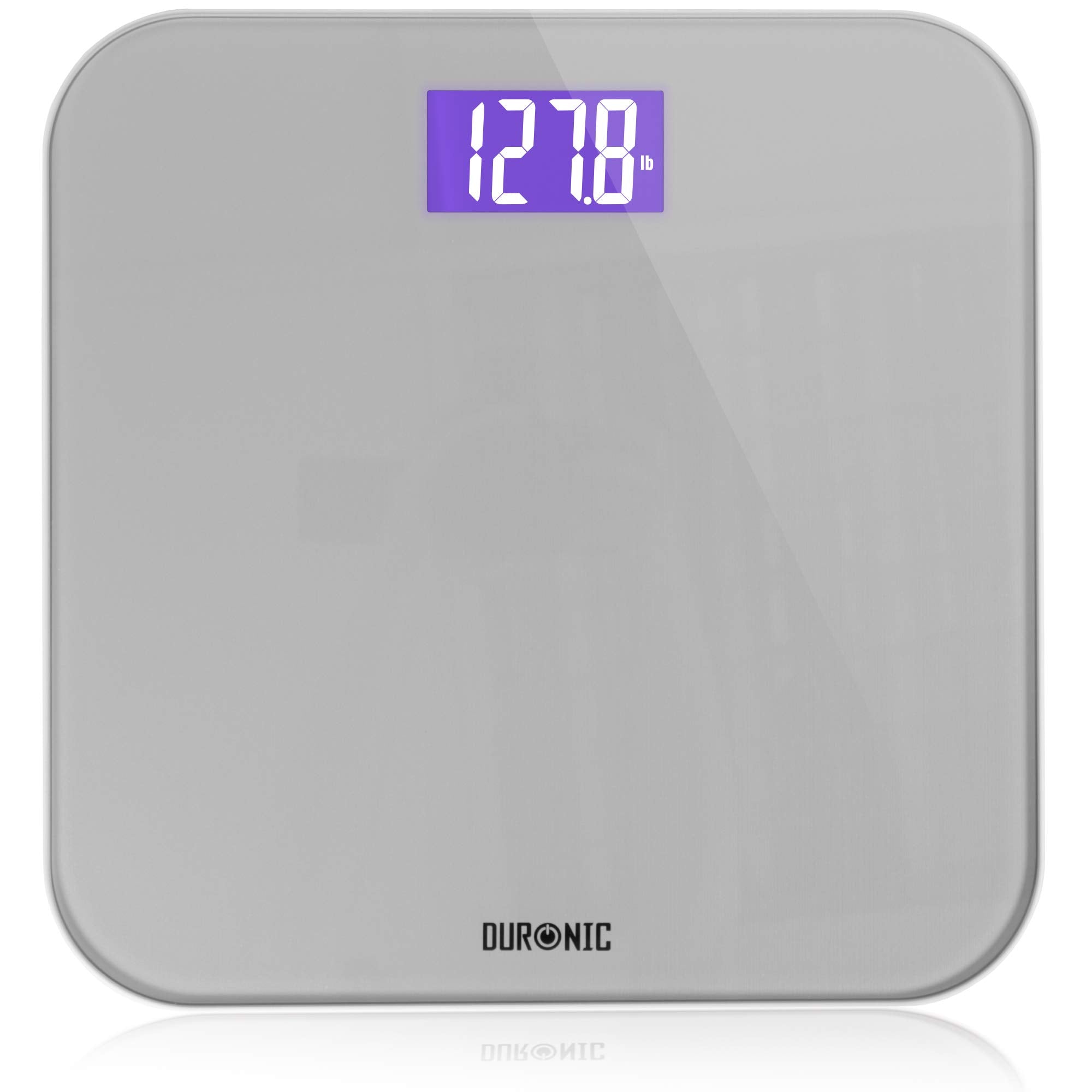 Duronic Digital Bathroom Body Scales with a purple backlit LCD screen displaying 127.8 lb.