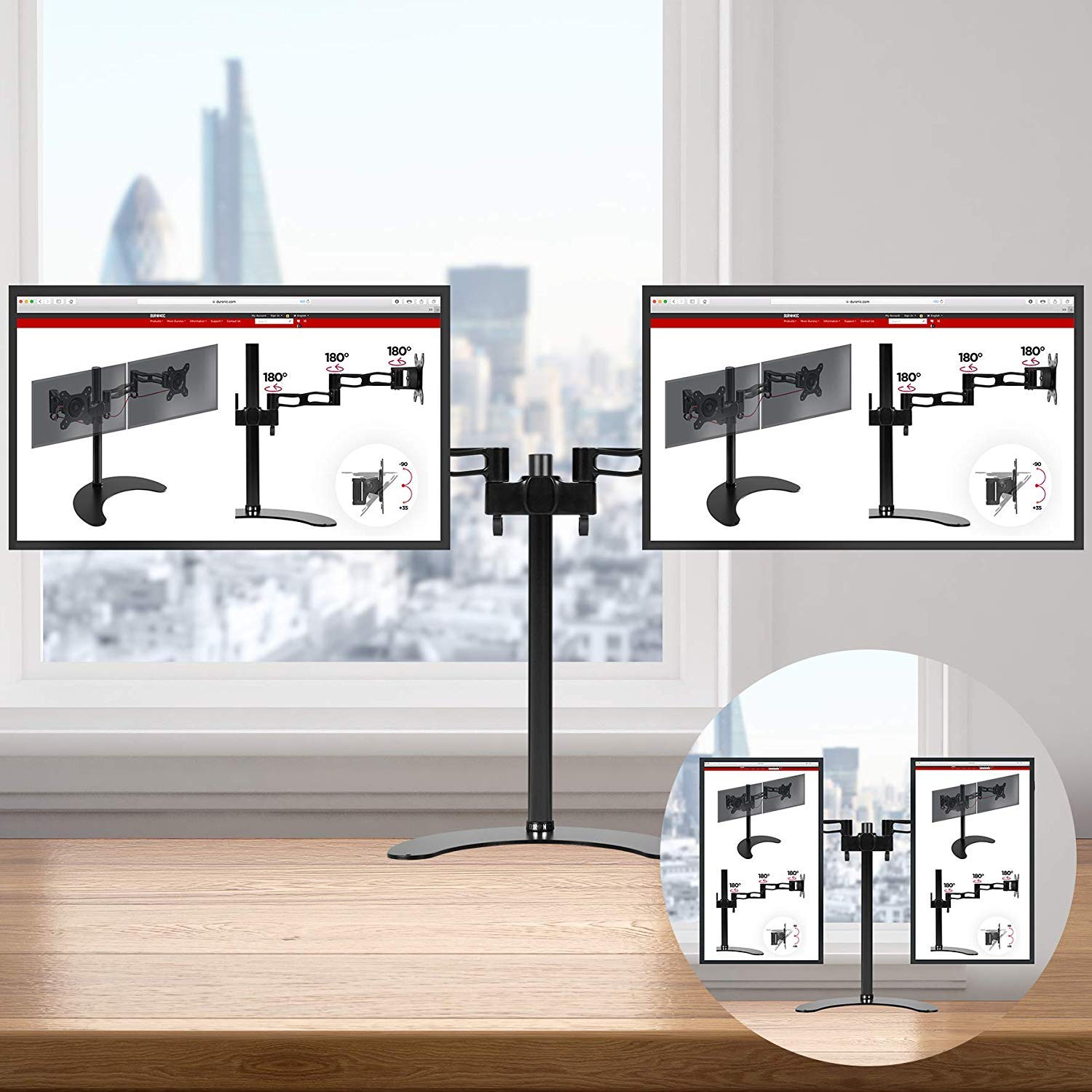 Duronic Dual Monitor Stand holding two screens horizontally on a desk, with portrait mode inset.