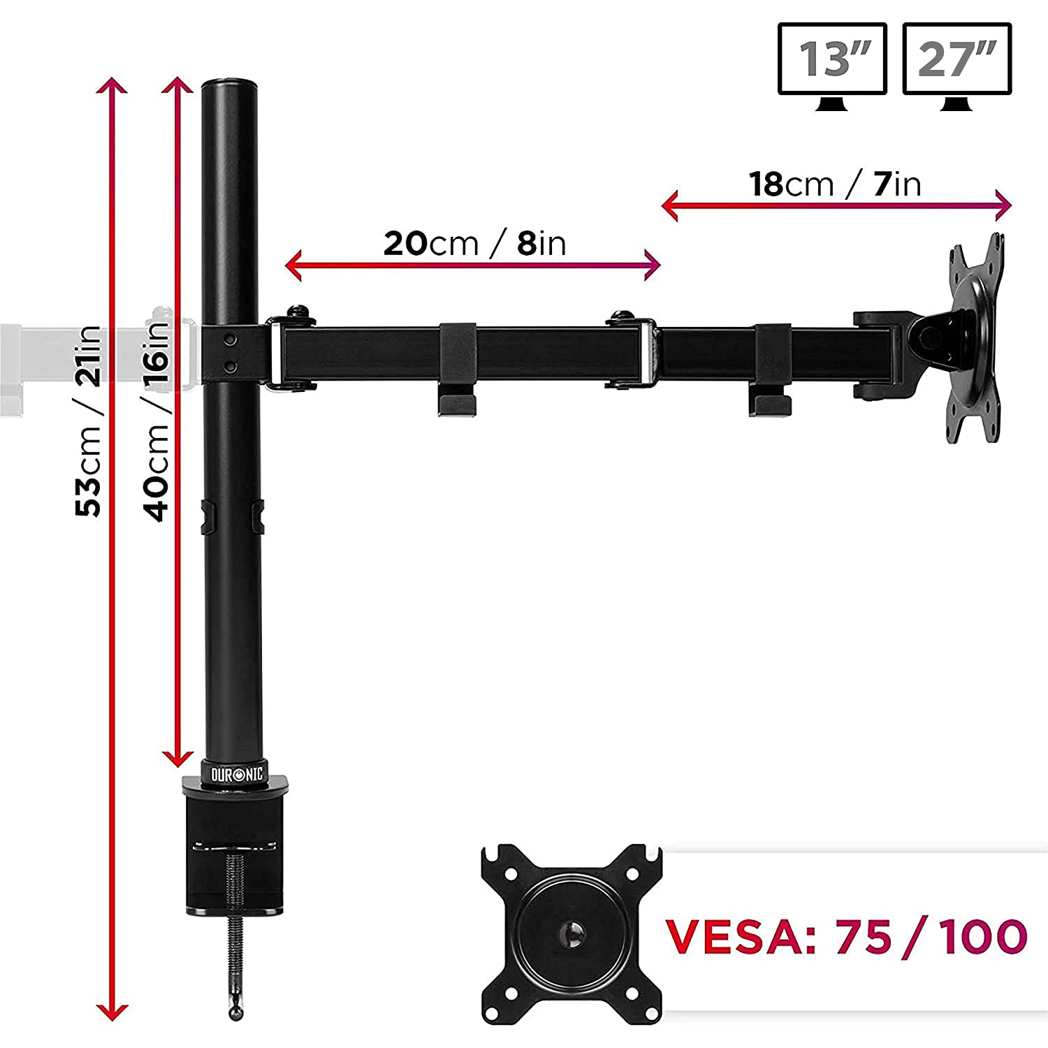 Duronic Dual Monitor Stand with measurements, VESA 75/100 compatibility, and 13