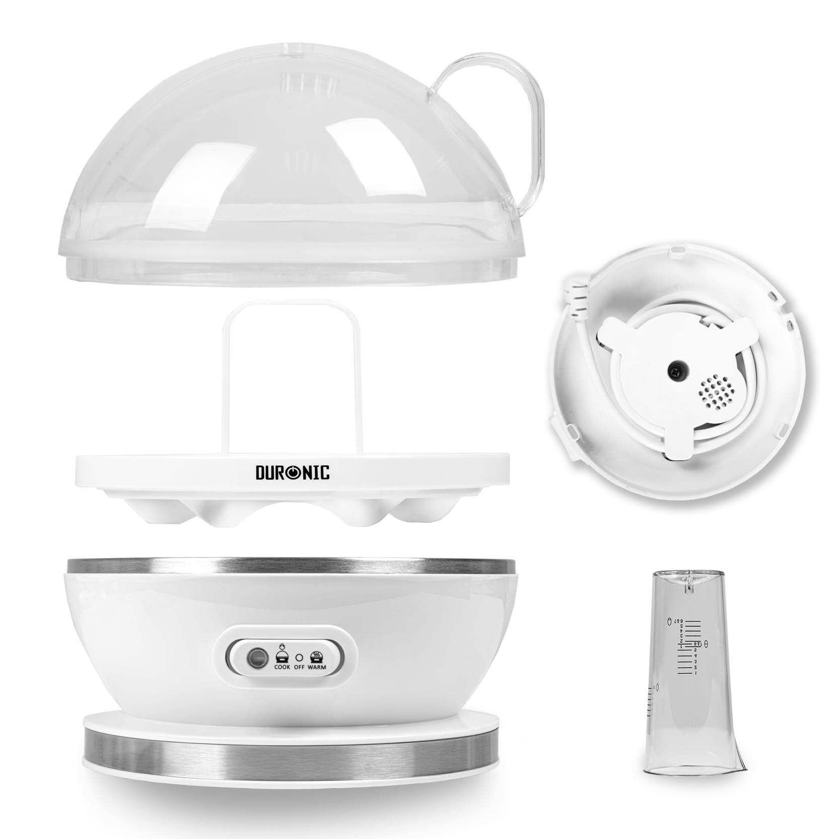 Duronic EB27 WE electric egg boiler deconstructed to show each different element along with measuring cup to cook eggs
