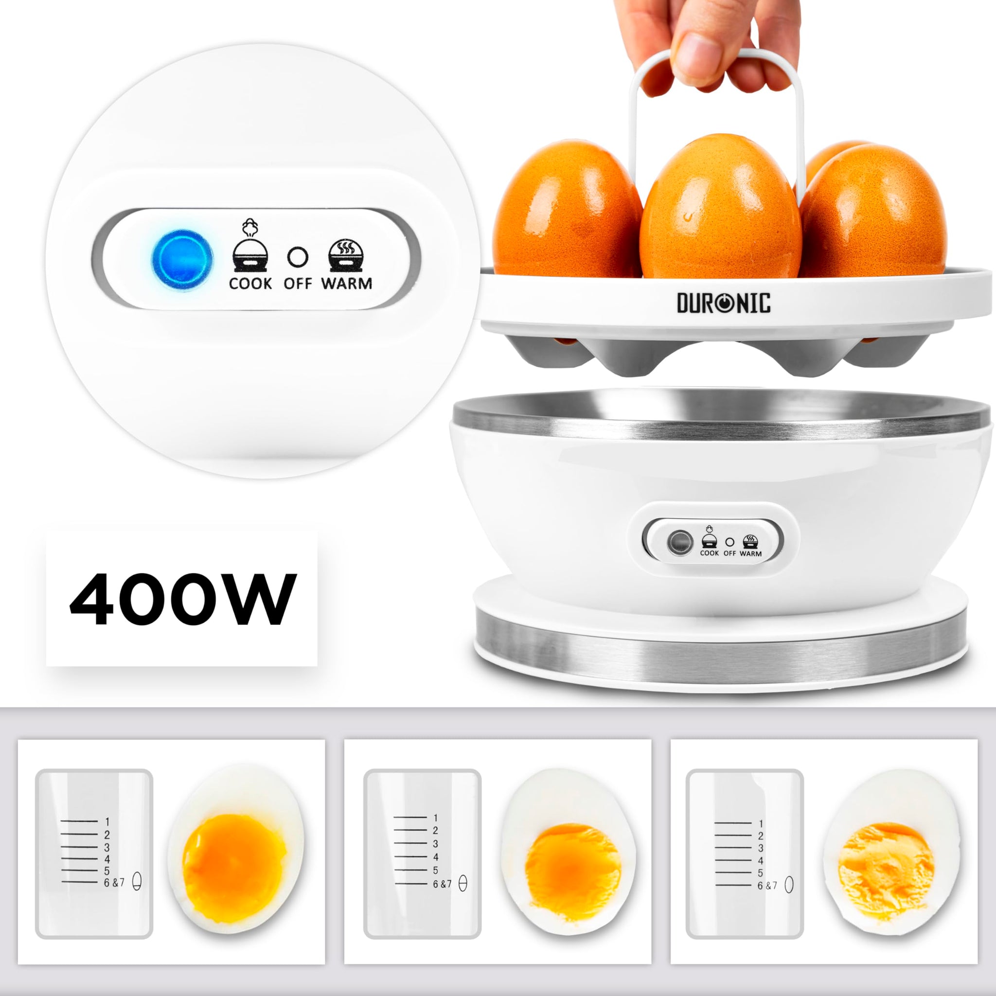 Duronic EB27 WE electric egg cooker wattage 400W to boil 7 eggs accordingly with measuring cup