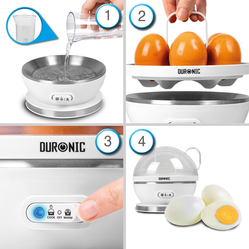 Duronic EB27 WE electric egg steamer instructions to boil and cook eggs using measuring cup and cook function