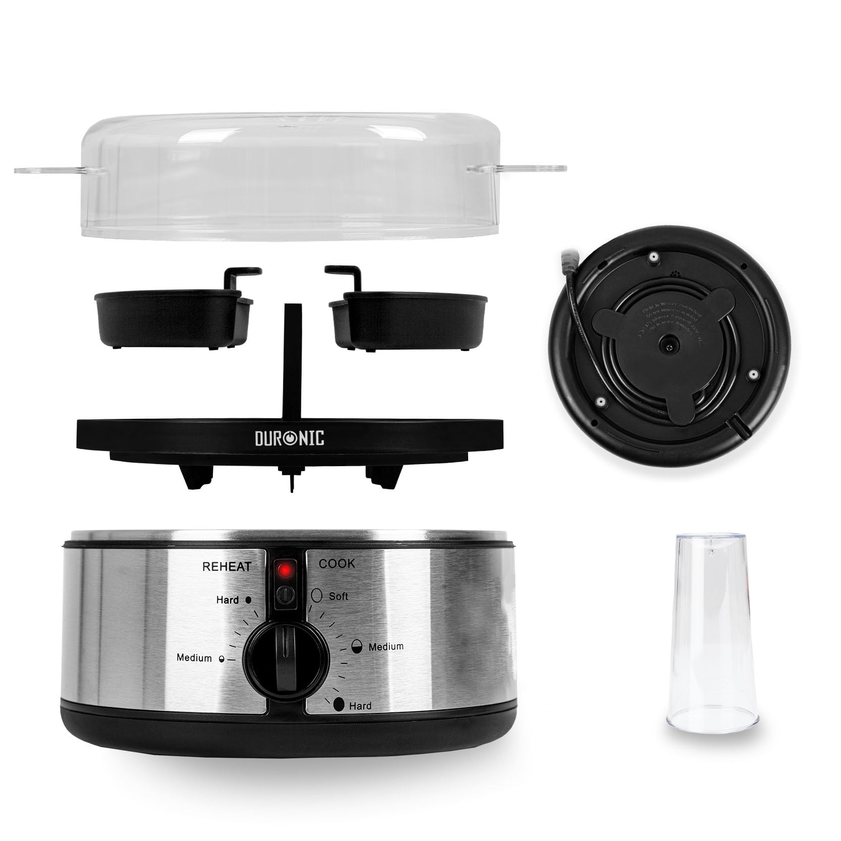 Duronic EB35 BK electric egg cooker deconstructed to show each individual part of the egg boiler