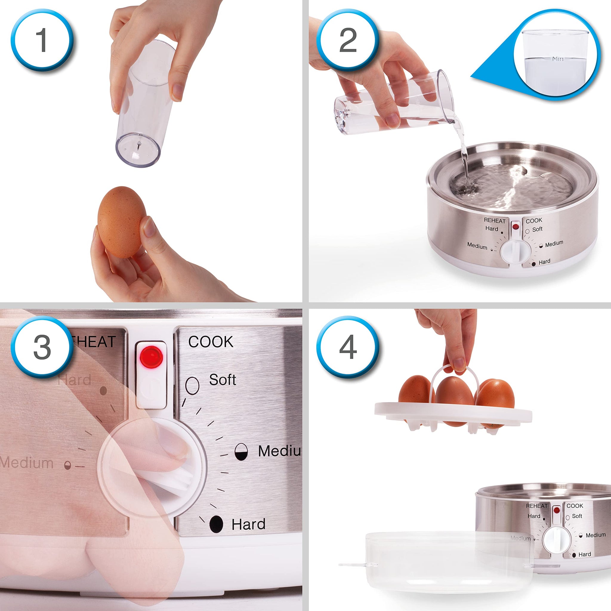 Duronic EB35 WE egg boiler instructions how to cook 7 eggs soft boiled, medium boiled, or hard boiled
