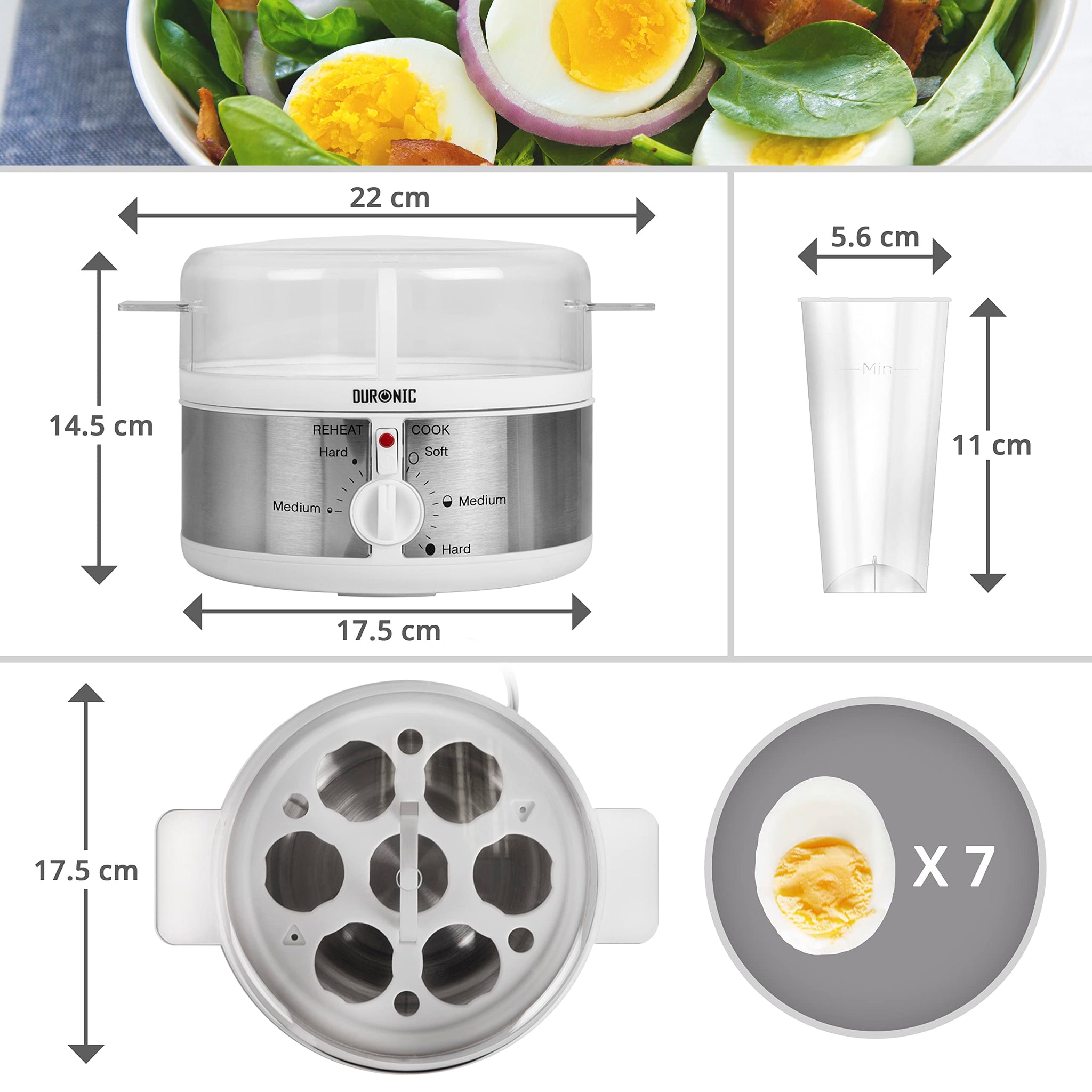 Duronic EB35 WE electric egg cooker dimensions length, width, height to cook 7 eggs