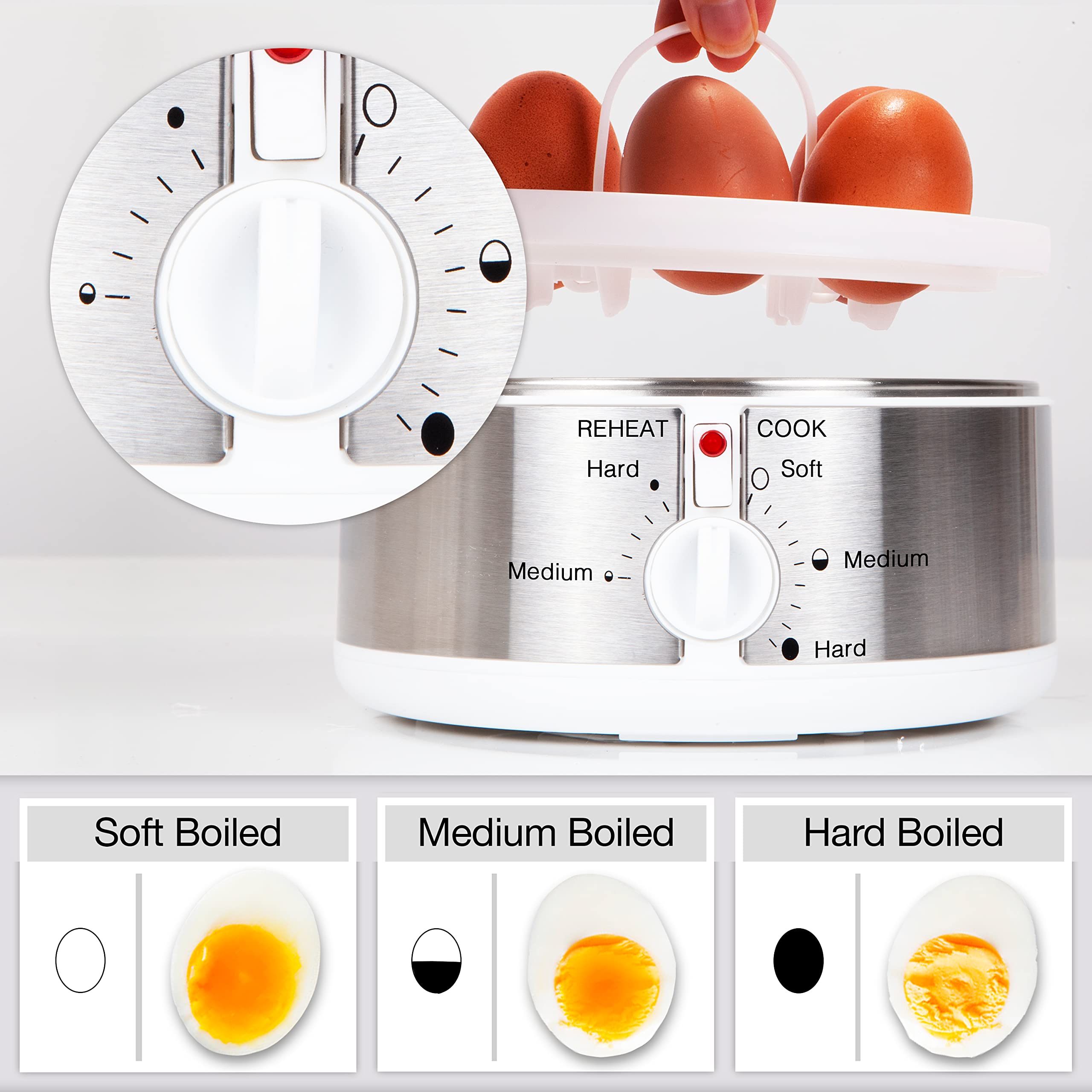 Duronic EB35 WE electric egg cooker to cook 7 eggs soft boiled, medium boiled, and hard boiled