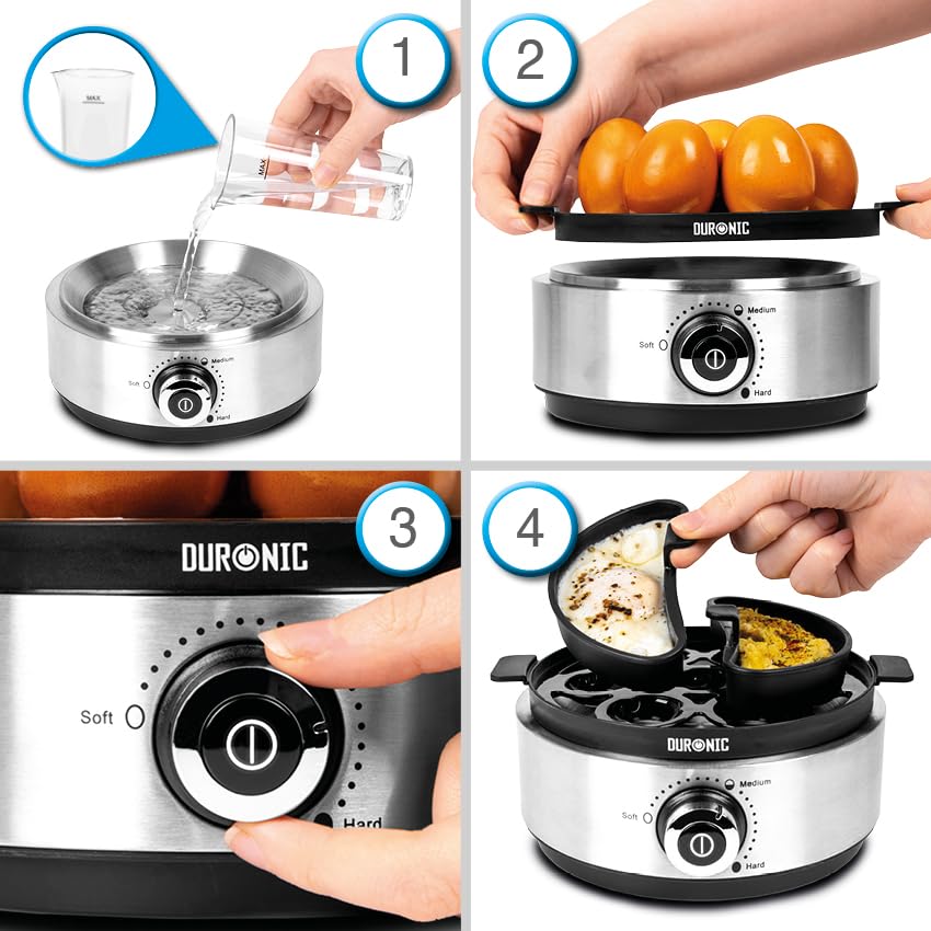 Duronic EB40 BK electric egg boiler step-by-step instructions showing how to cook perfect delicious eggs