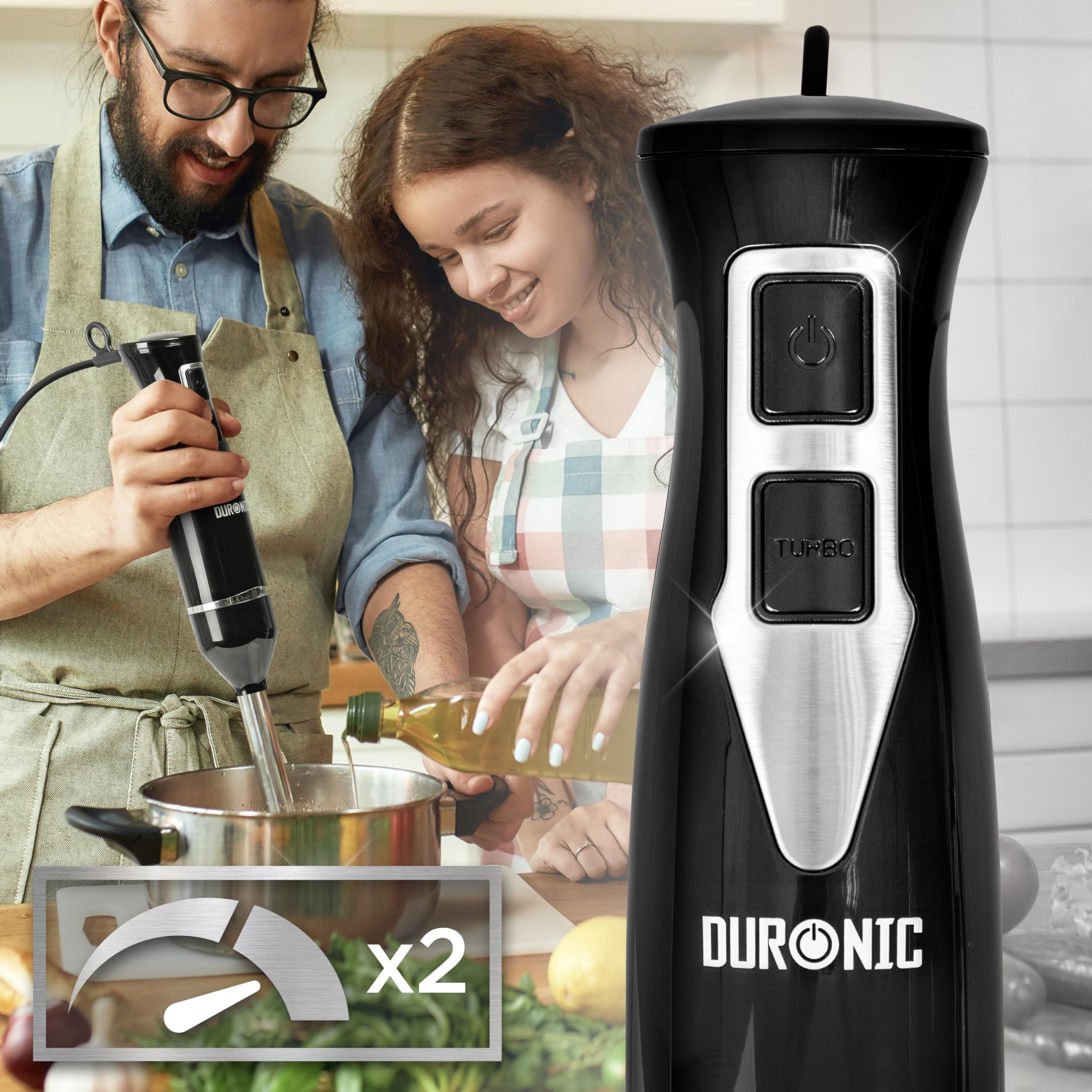 Duronic Electric Hand Blenders is highlighted in a close-up showing its power and turbo buttons.