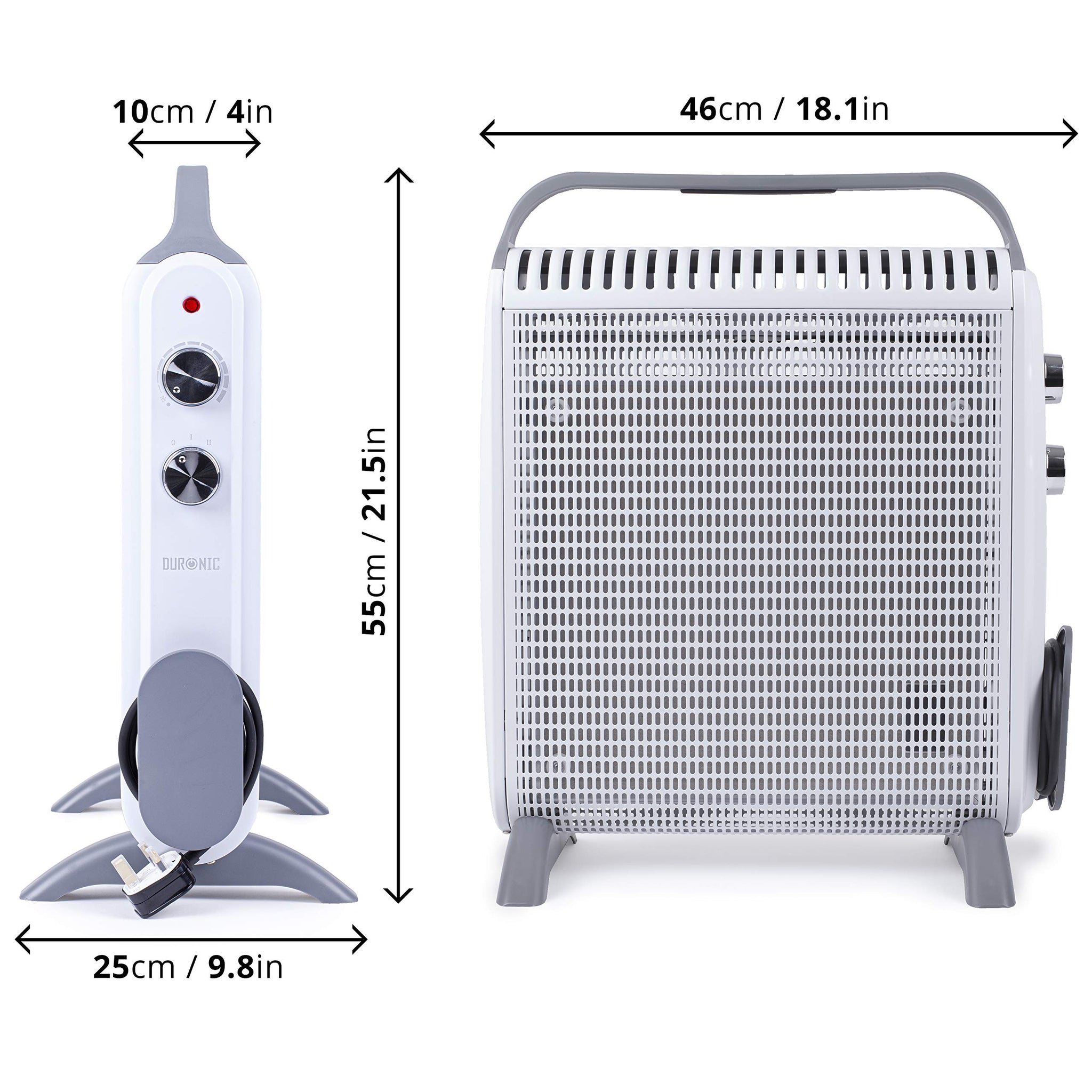 Duronic Electric Heater showing dimensions for easy storage.
