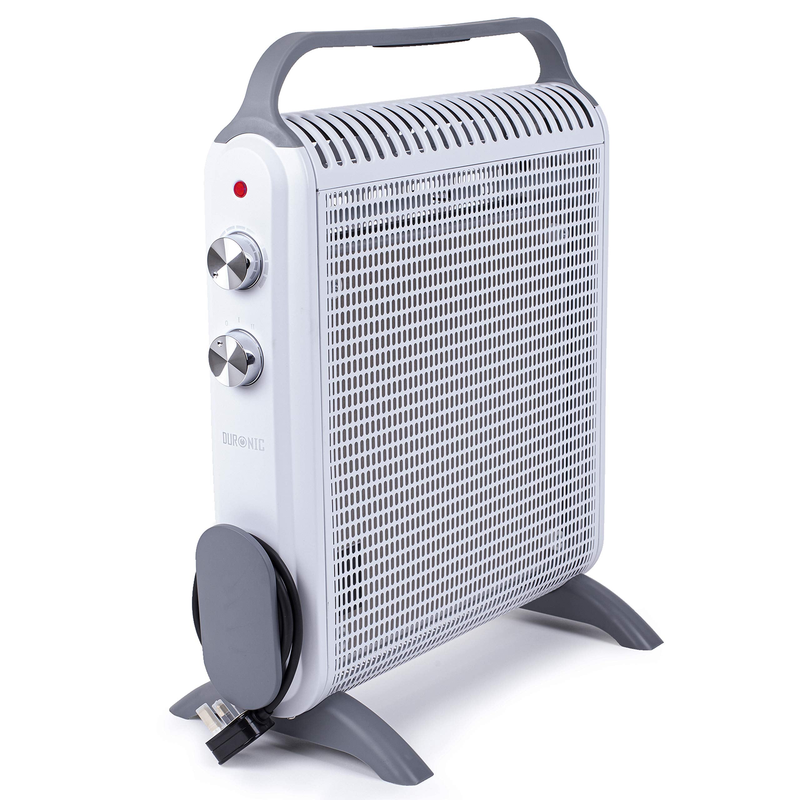Duronic Electric Heater with control knobs and integrated cord wrap.