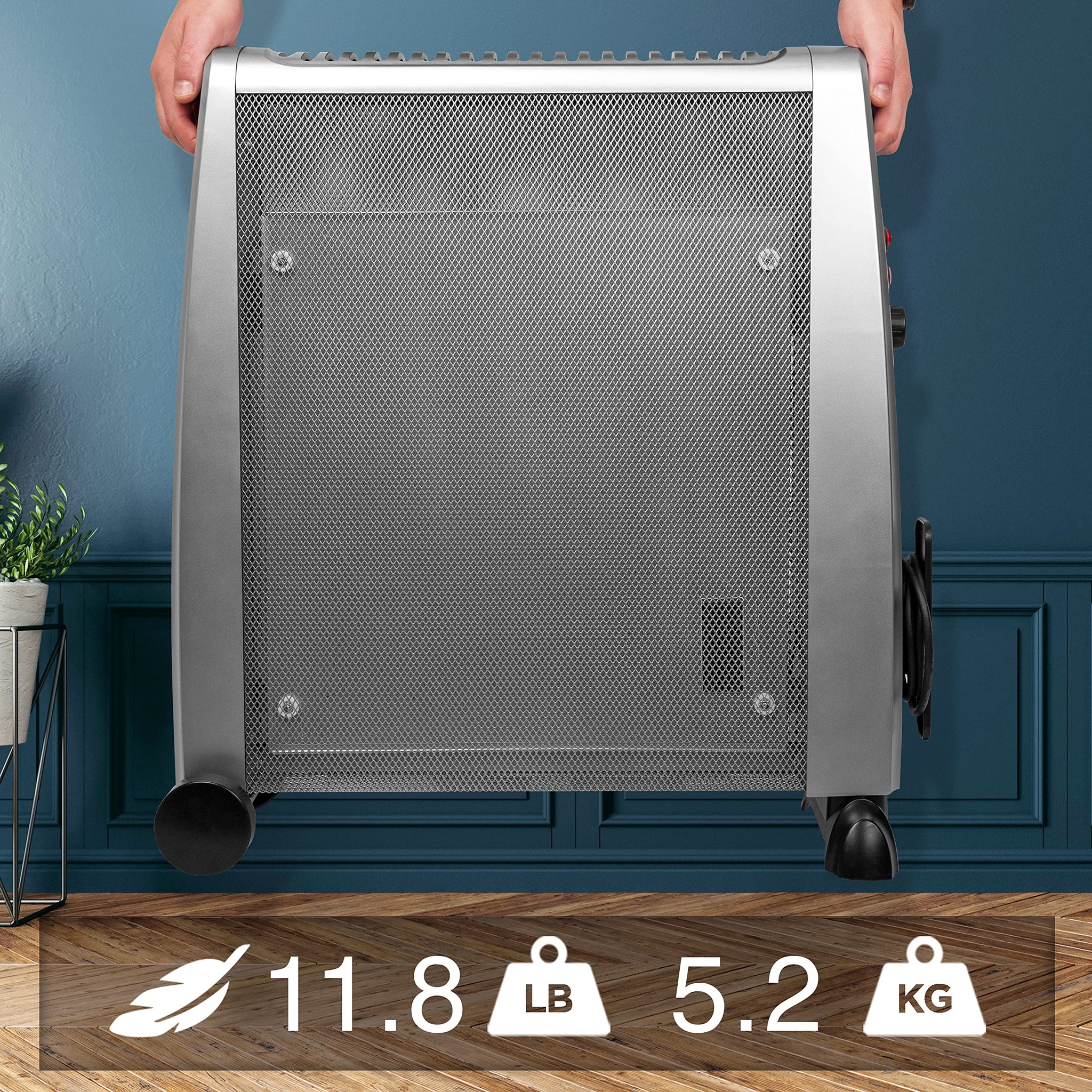 Duronic Electric Heaters, weighing 11.8 lbs (5.2 kg) for easy portability.