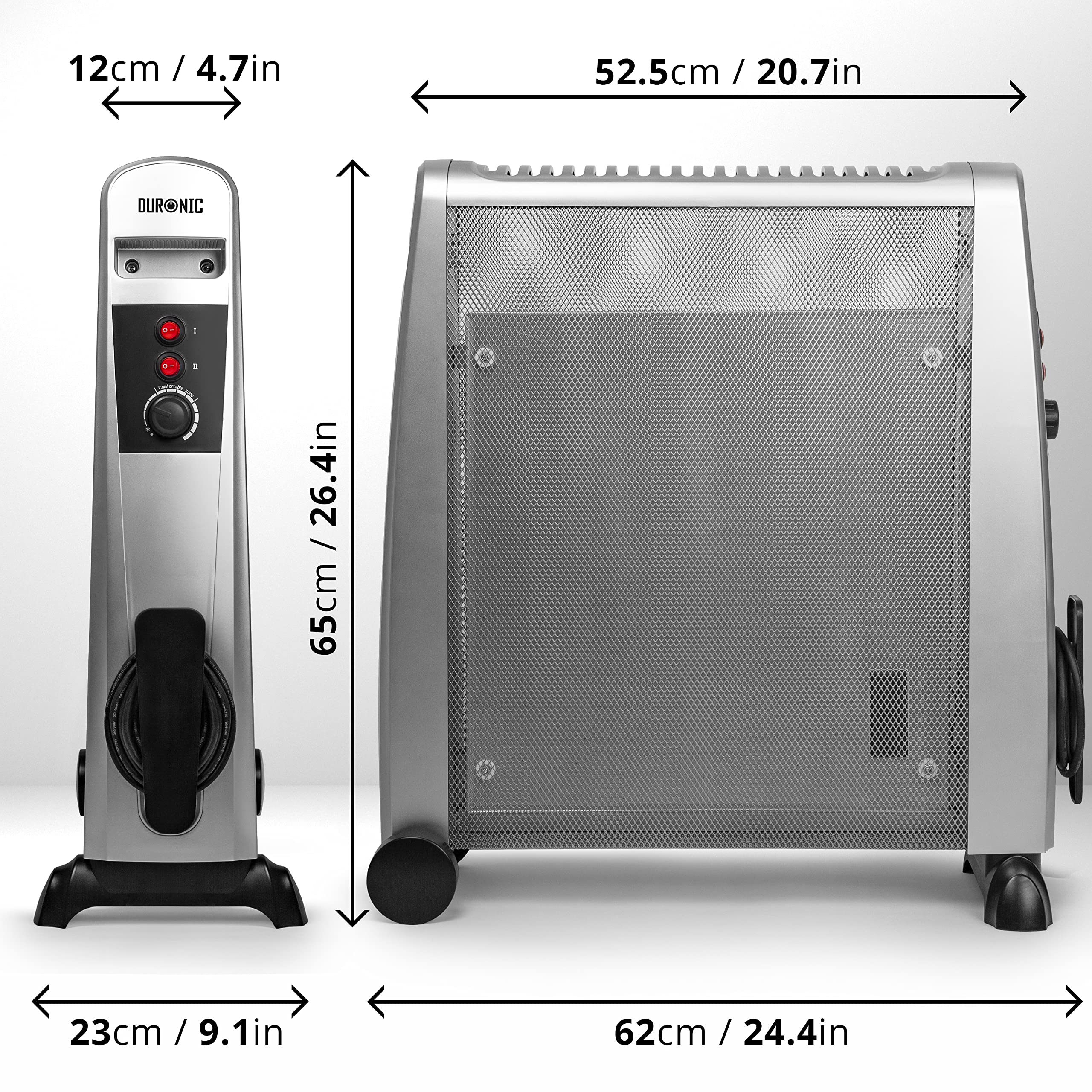 Duronic Electric Heaters with dimensions: 65cm height, 62cm wide base, and 12cm slim heating panel.
