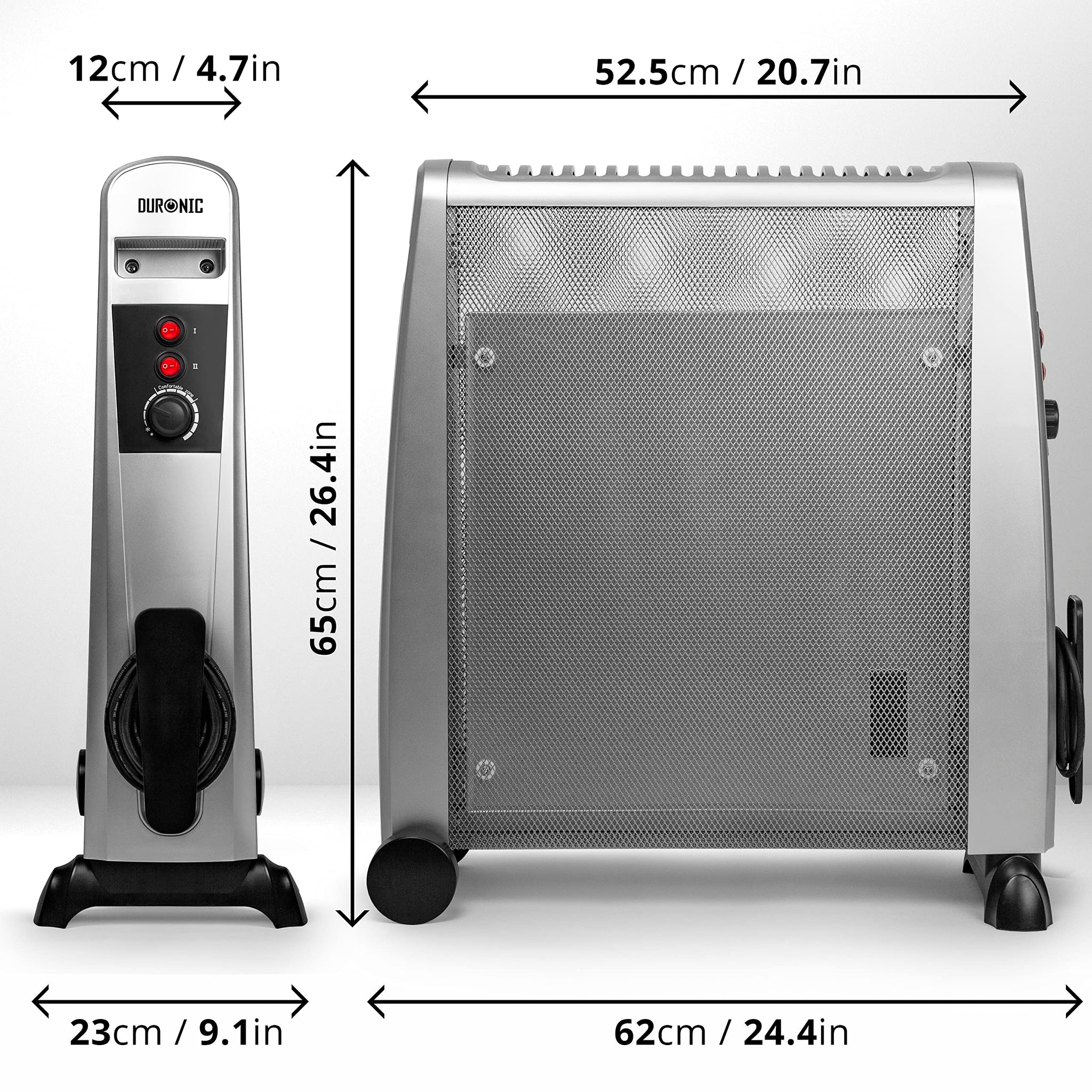 Duronic Electric Heaters with dimensions: 65cm height, 62cm wide base, and 12cm slim heating panel.