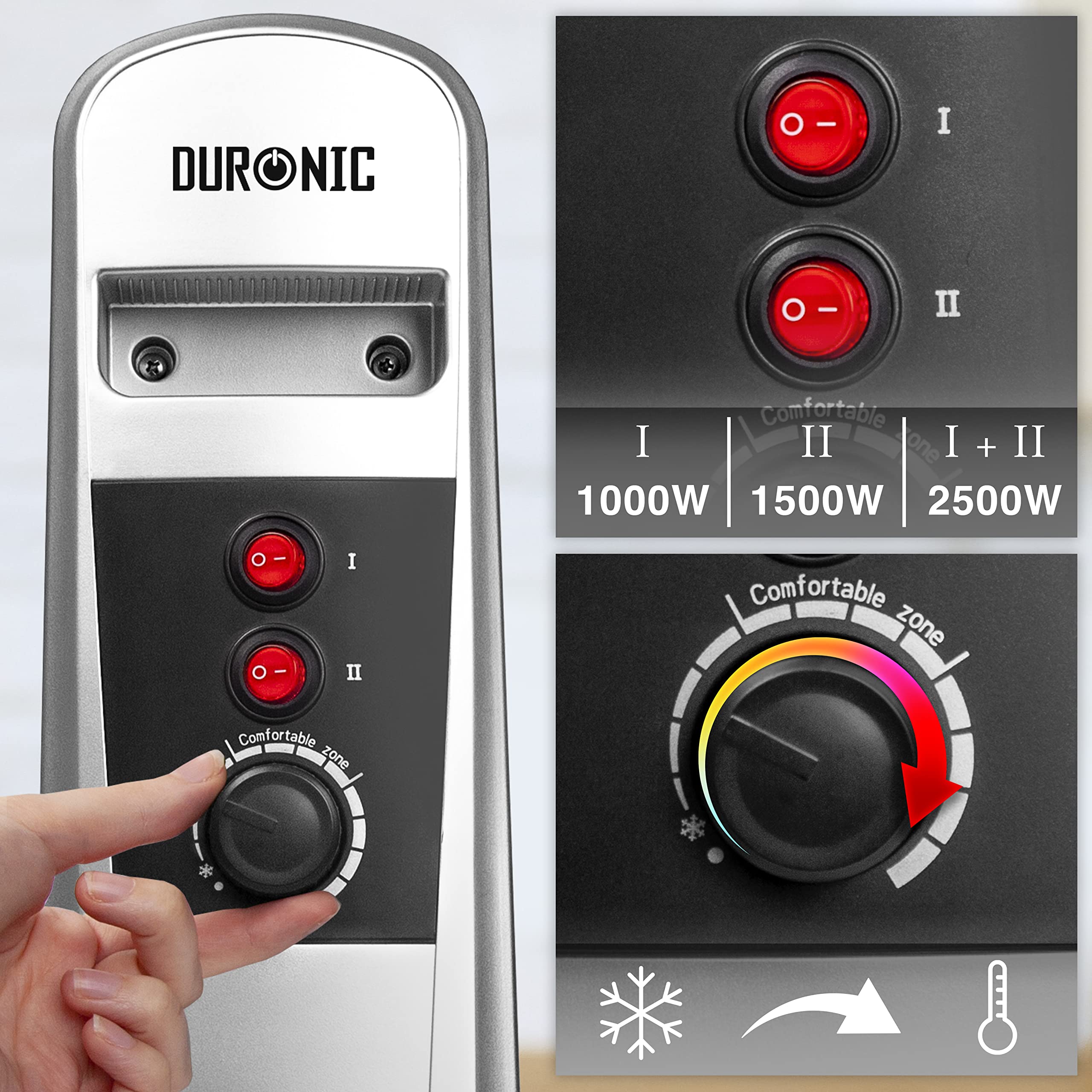 Duronic Electric Heaters with dual red power switches and adjustable thermostat temperature dial.