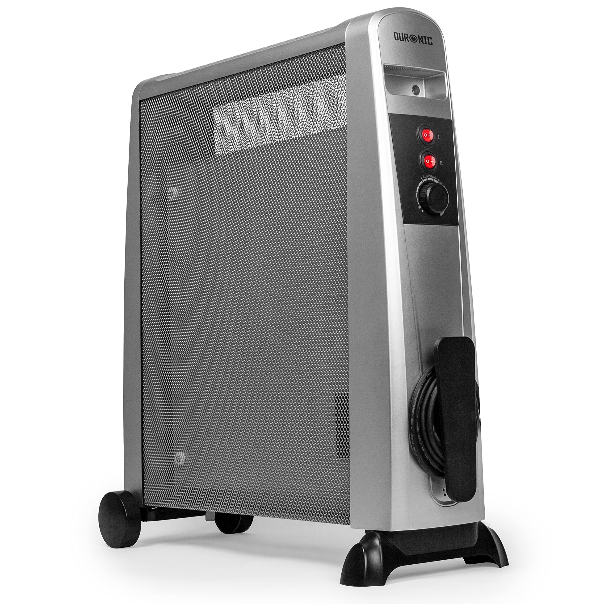 Duronic Electric Heaters with wheels, adjustable thermostat dial, and red power indicator switches.