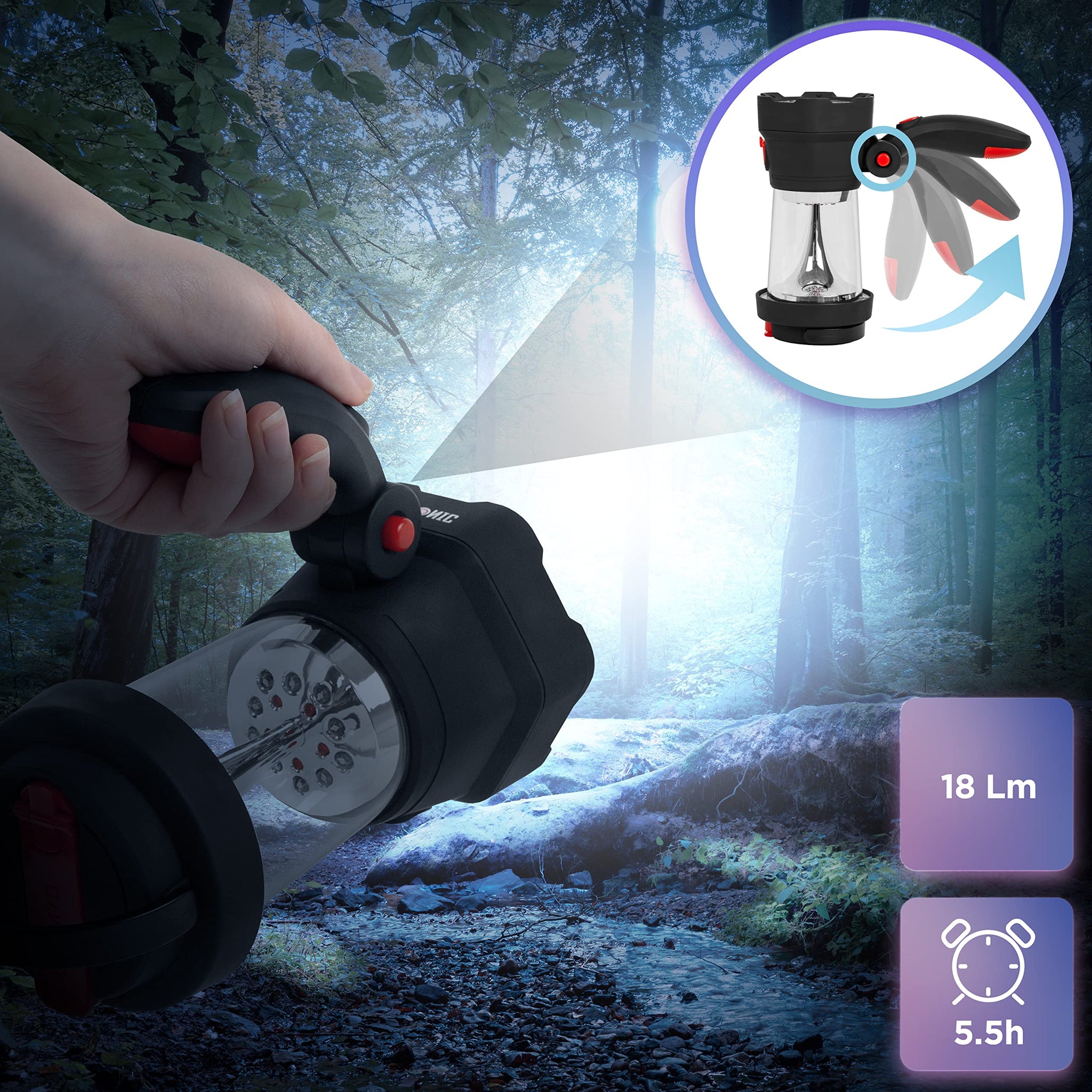 Duronic Hurricane camping light one-touch button to switch between lantern mode and torch mode for camping, hiking, caving
