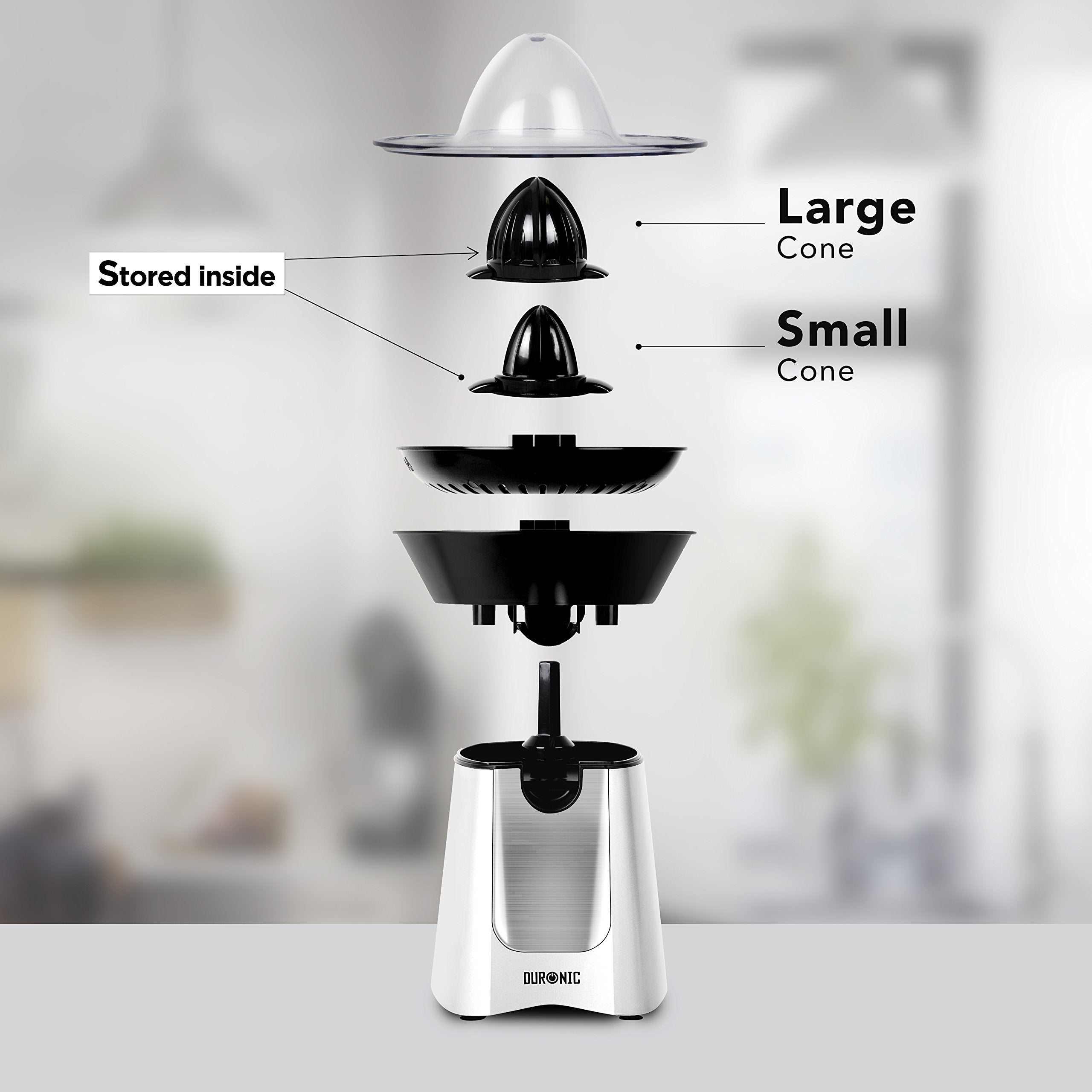 Duronic JE6SR electric citrus juicer deconstructed to highlight each individual part