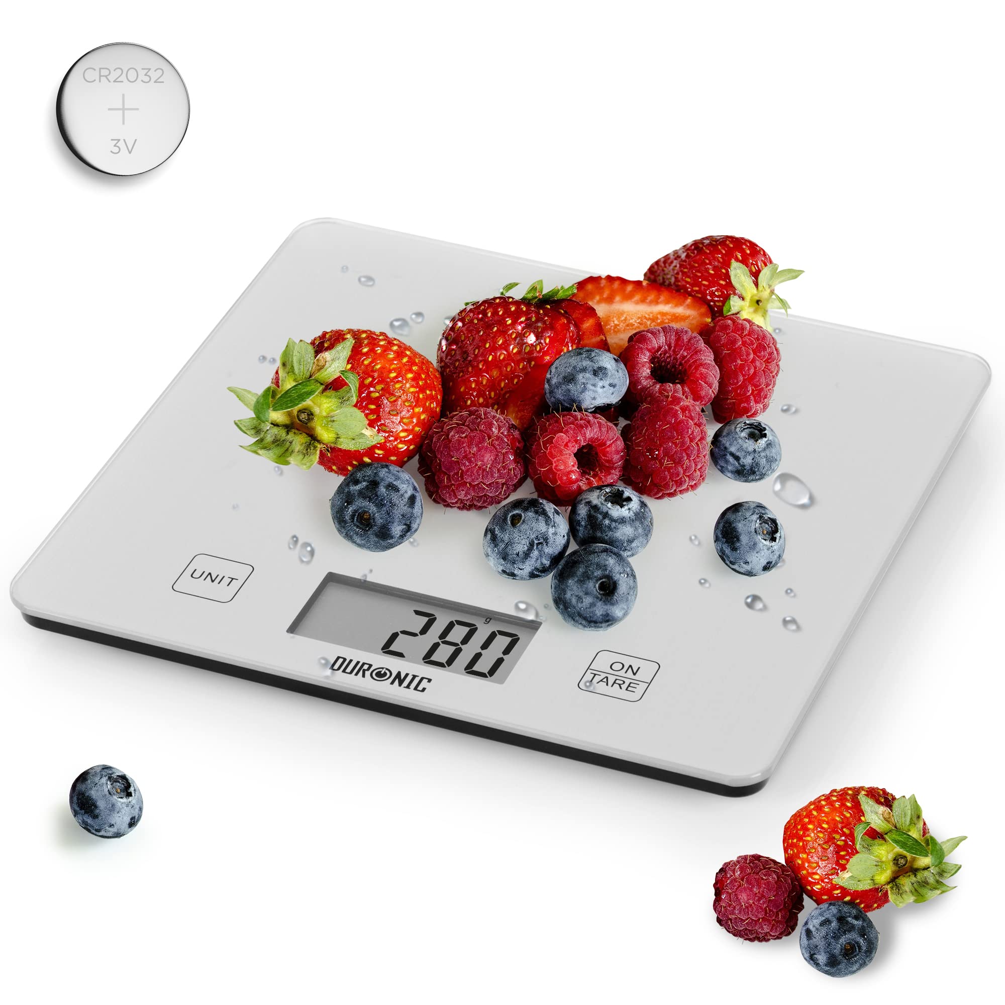 Duronic KS1080 digital kitchen scale weighing small fruits with included CR2032 battery to instantly start measuring