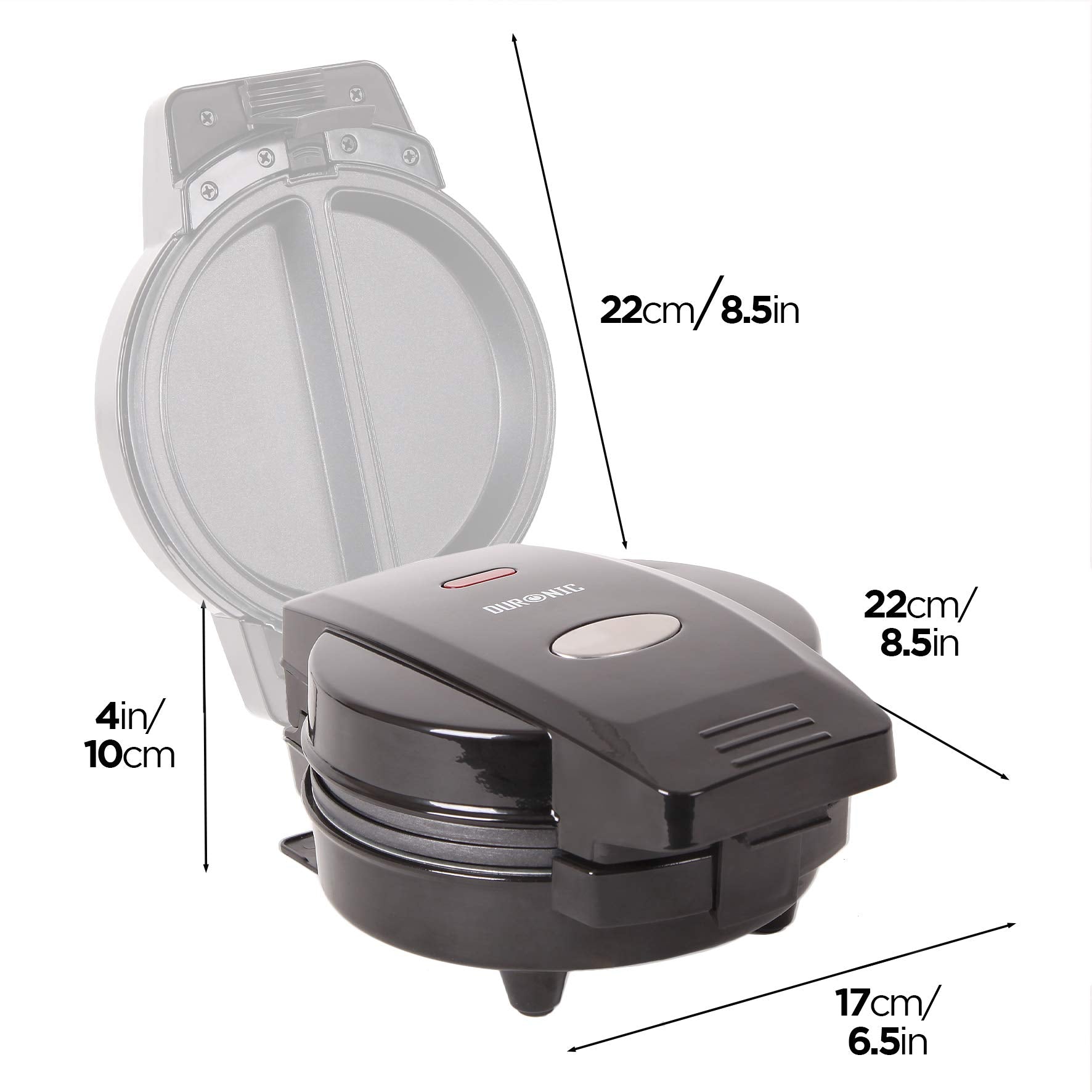 Duronic OM60 electric egg cooker with dimensions of height, length, width, depth of cooking surface