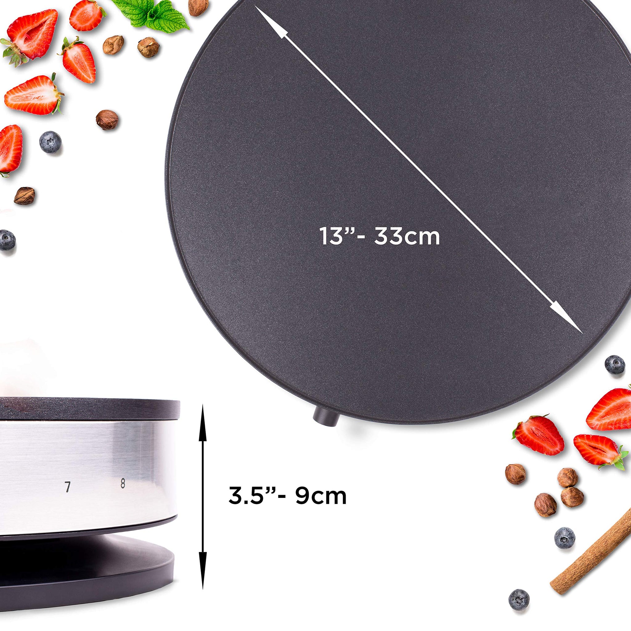 Duronic PM131 electric crepe maker machine dimensions of the heating pan surrounded by ingredients