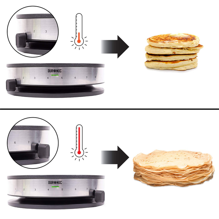 Duronic PM131 electric crepe maker showing the multiple temperatures to cook different crepes and pancakes
